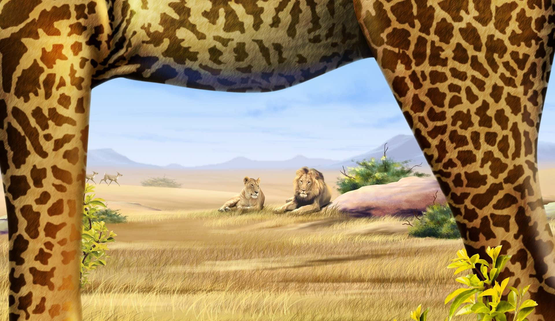 giraffe, lions, golden savanna, Full HD Desktop Wallpaper
