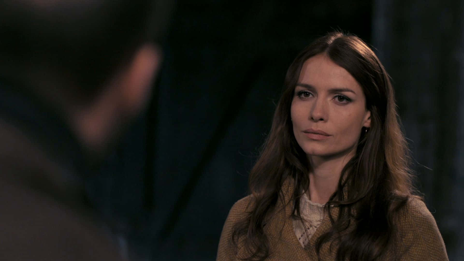 Saffron Burrows, long brown hair, dimly lit indoor setting, Full HD Desktop Wallpaper