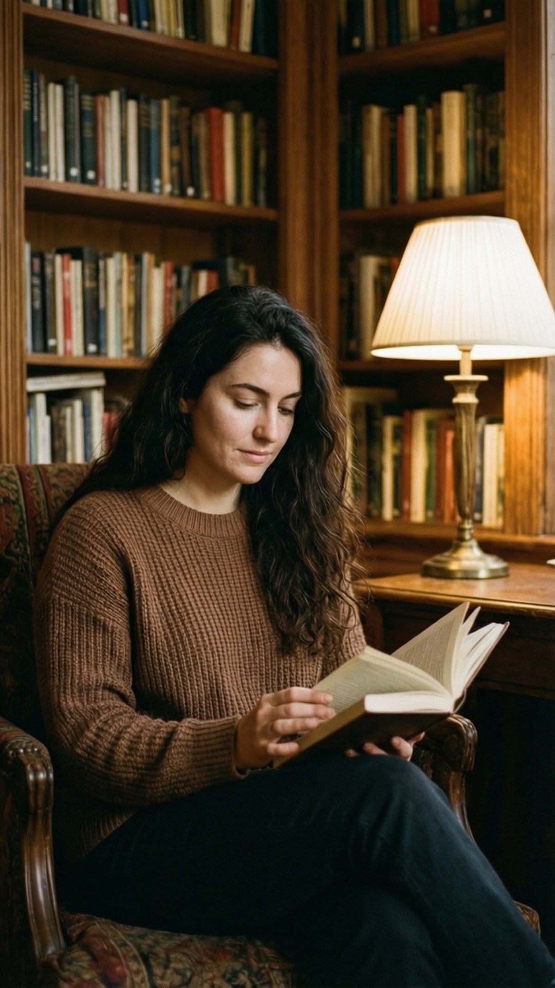 Saffron Burrows, book, warm library setting, Full HD Phone Wallpaper