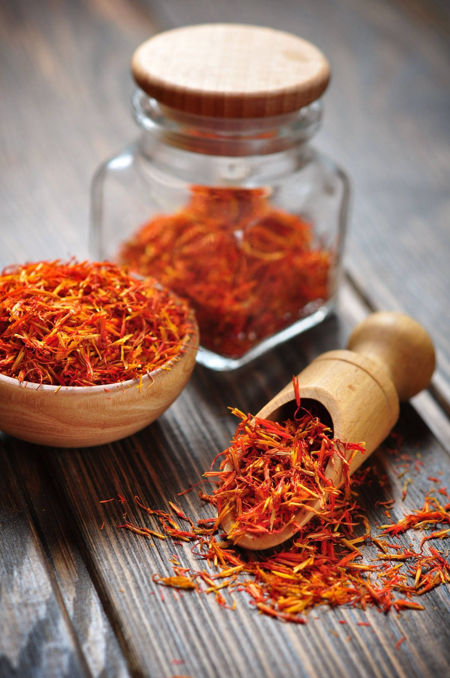 saffron threads, wooden scoop, glass jar, Full HD Phone Wallpaper