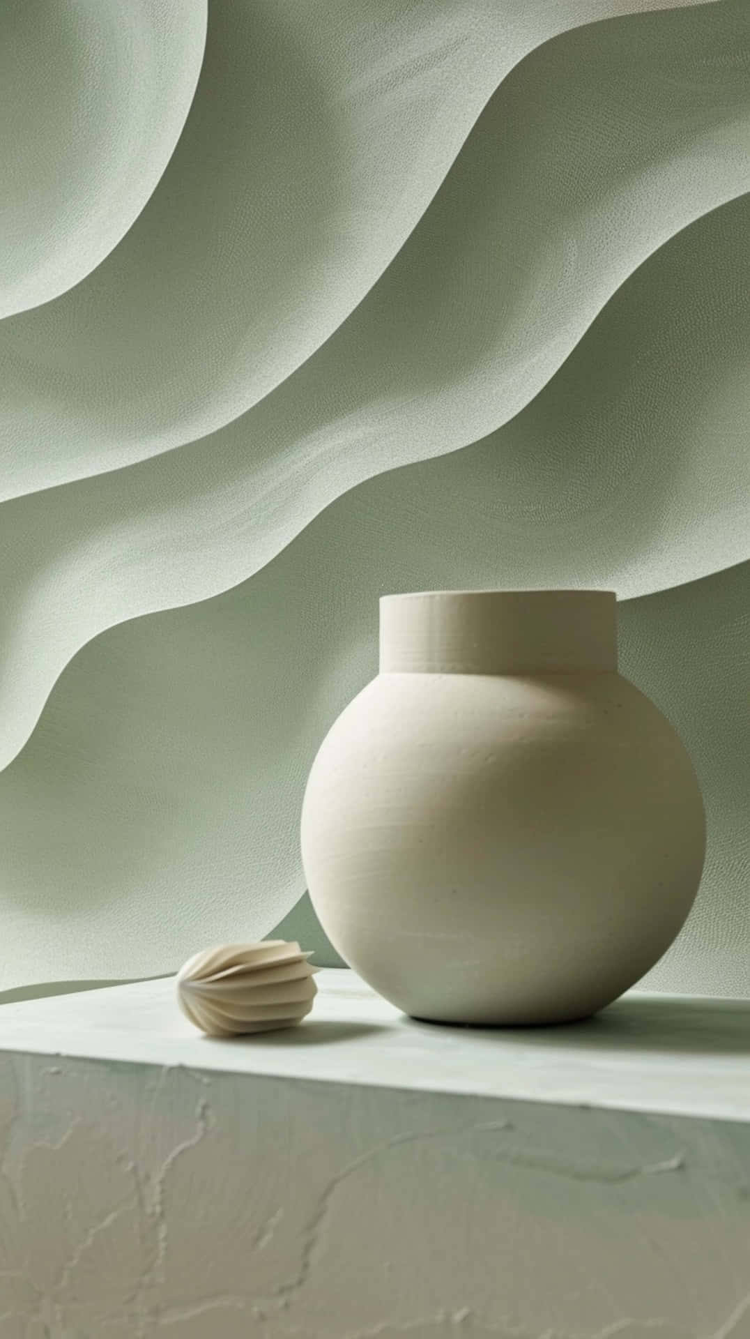 sage green, ceramic vase, textured ledge, Full HD Phone Wallpaper