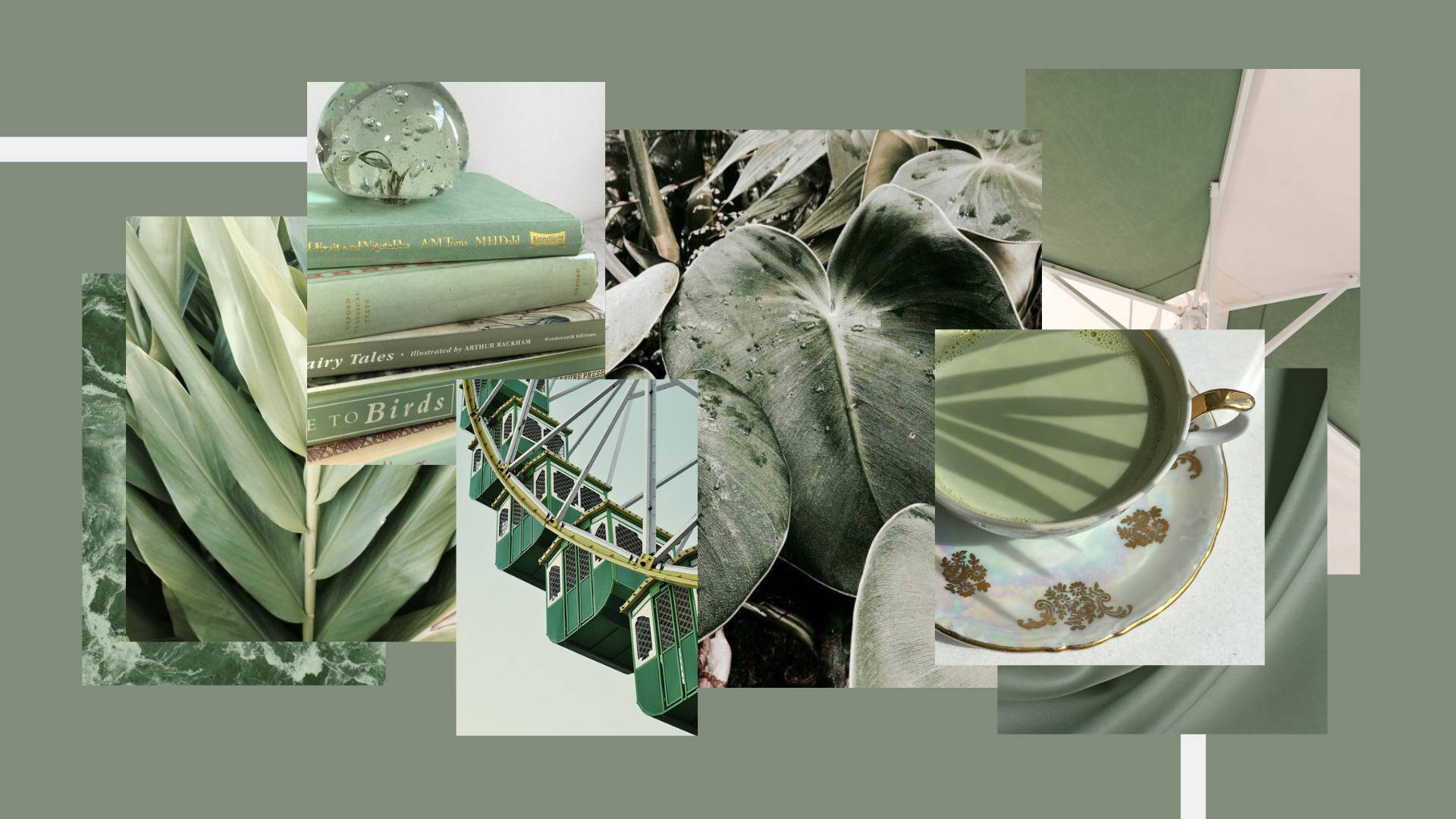 Sage Green Aesthetic, green-toned, books, Full HD Desktop Wallpaper