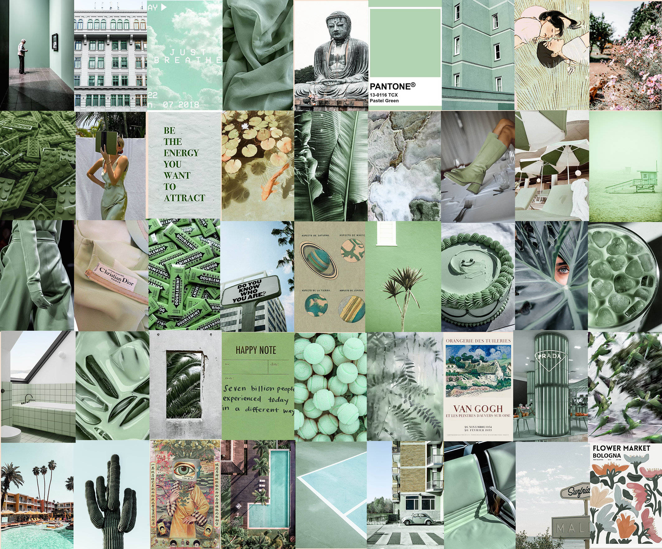 tiled sage green aesthetic, mint green, statues, Full HD Desktop Wallpaper