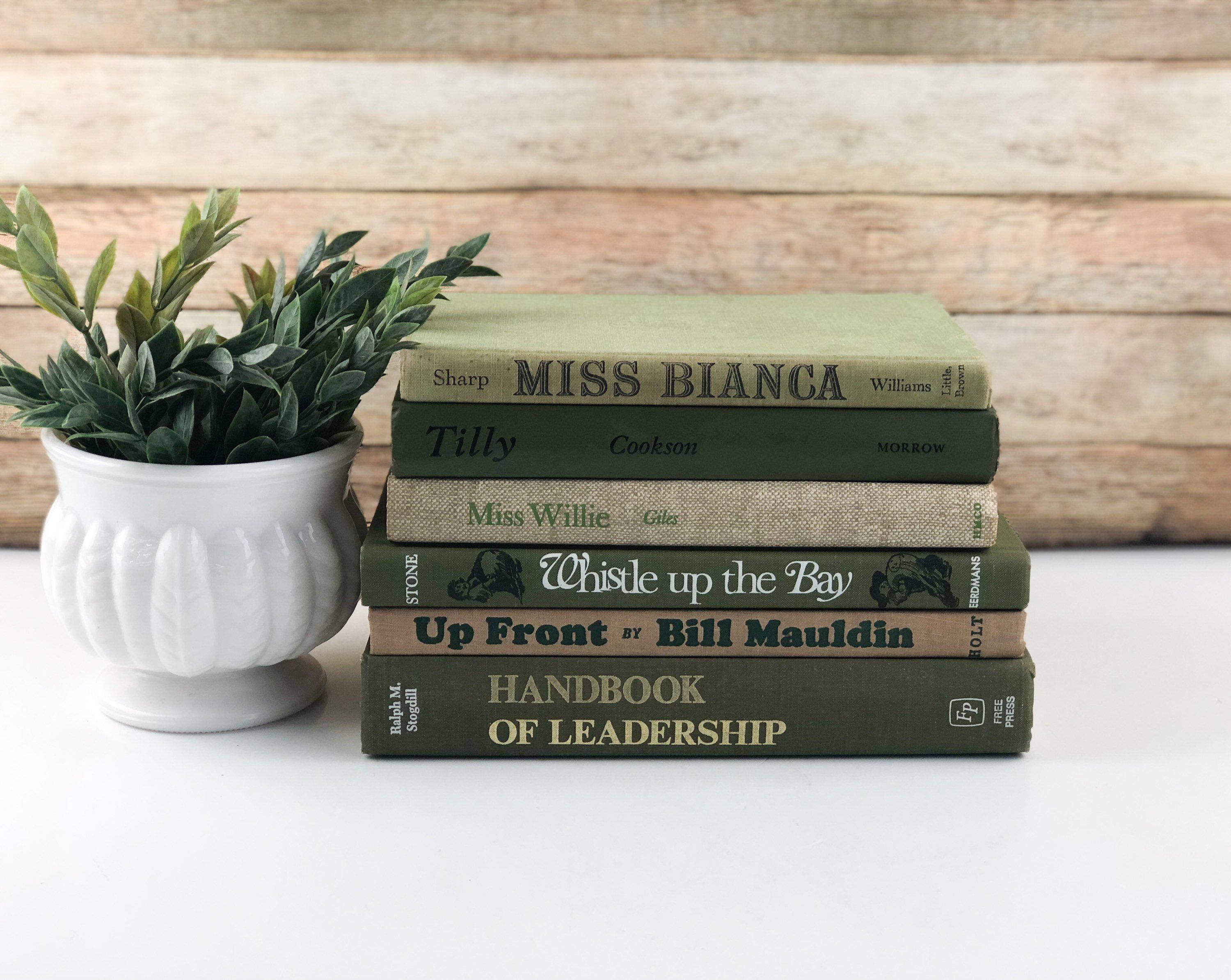 Sage Green Aesthetic, vintage green books, beige books, 2K Desktop Wallpaper