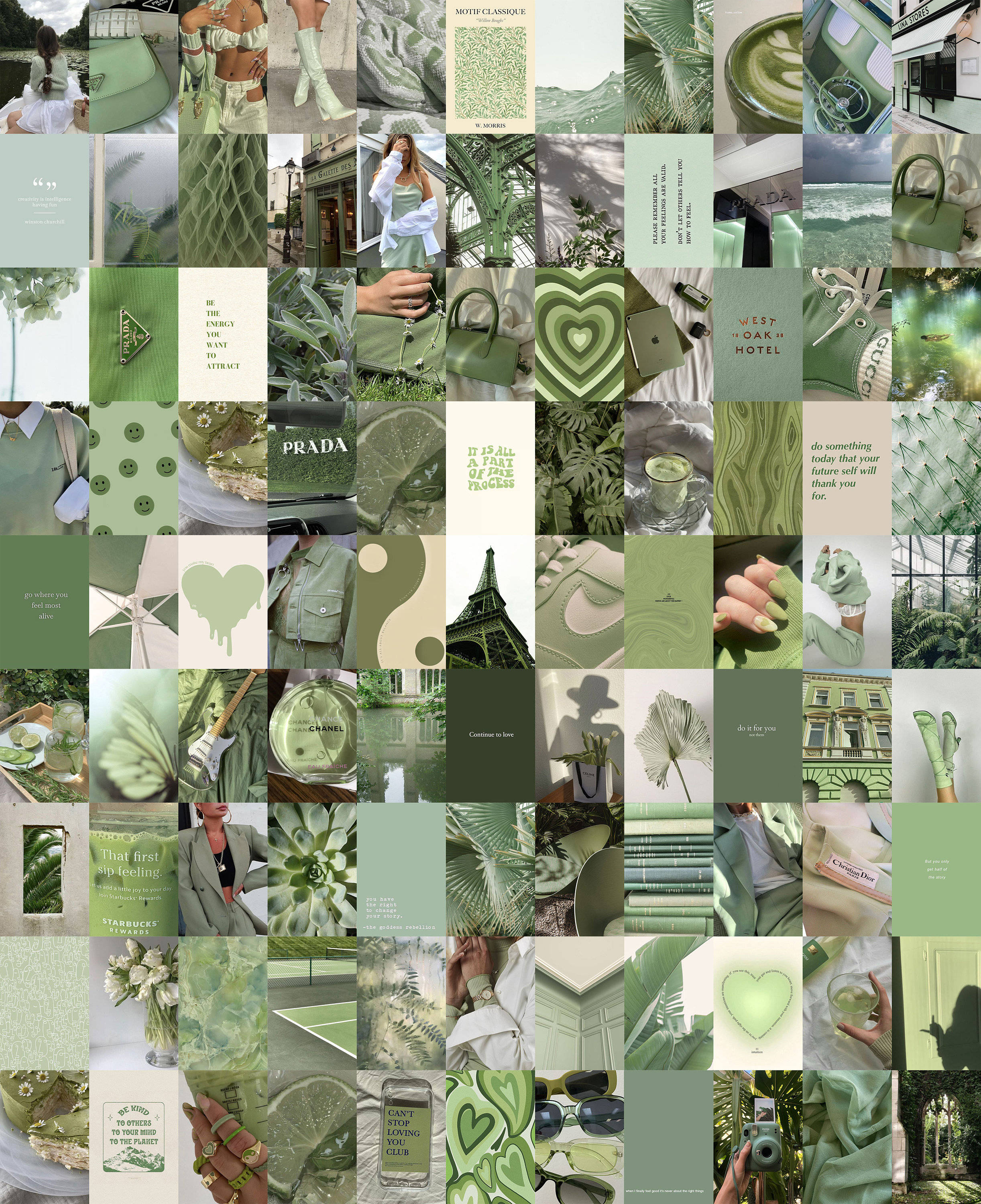 Tranquil Green Collage Wall Art, sage palette, fashion accessories, 2K Phone Wallpaper
