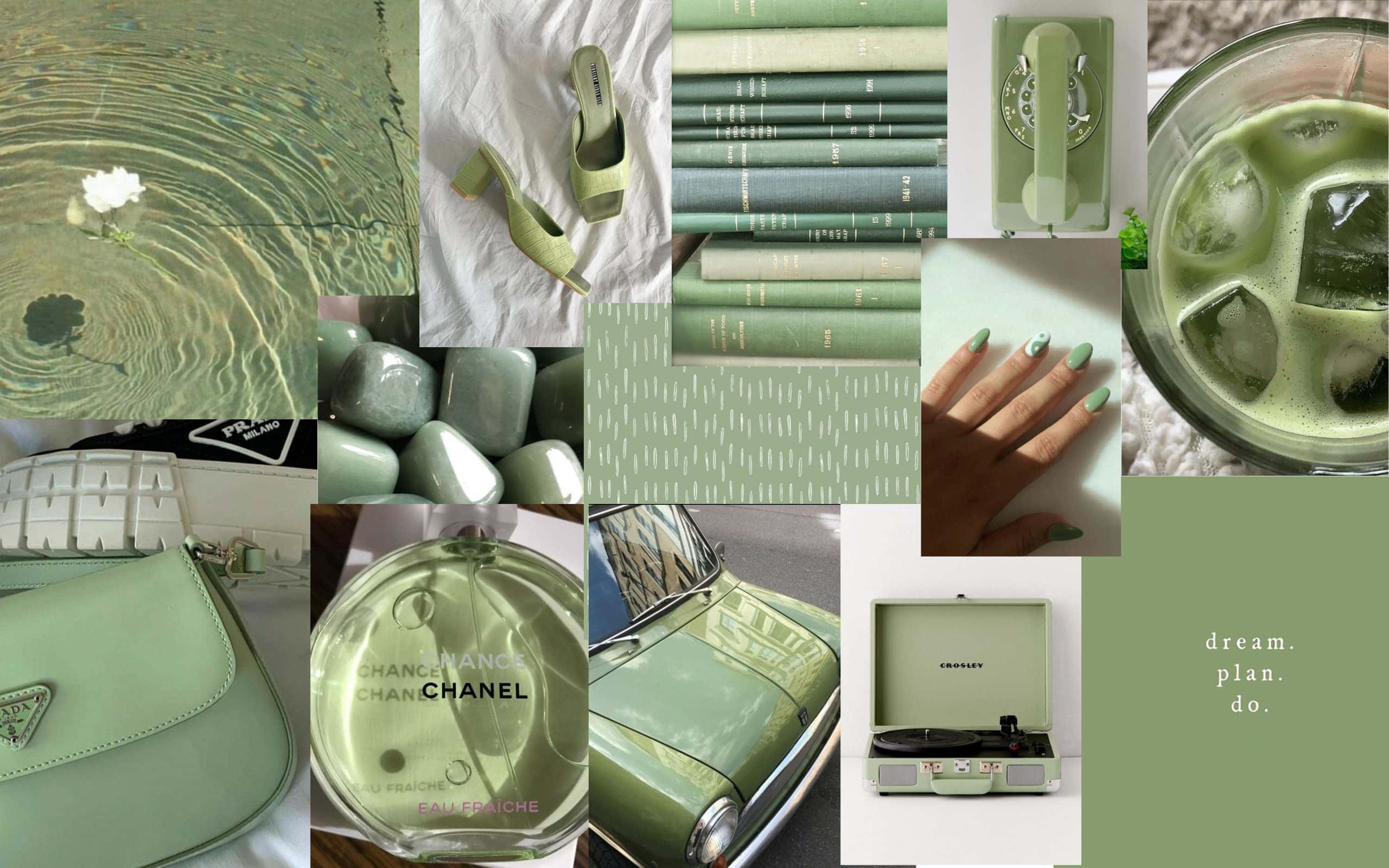 Sage Aesthetic Collage, mint green, water ripples, 2K Desktop Wallpaper