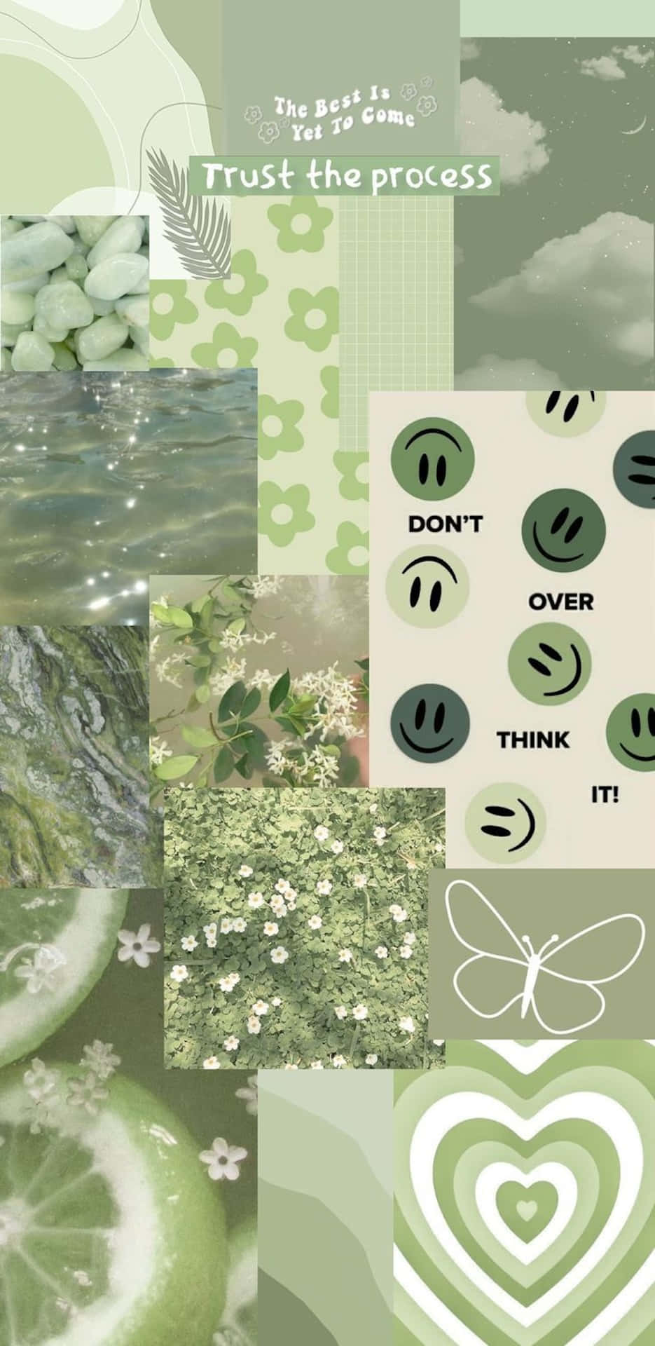 Sage Green Inspirational Collage, nature textures, motivational quotes, Full HD Phone Wallpaper