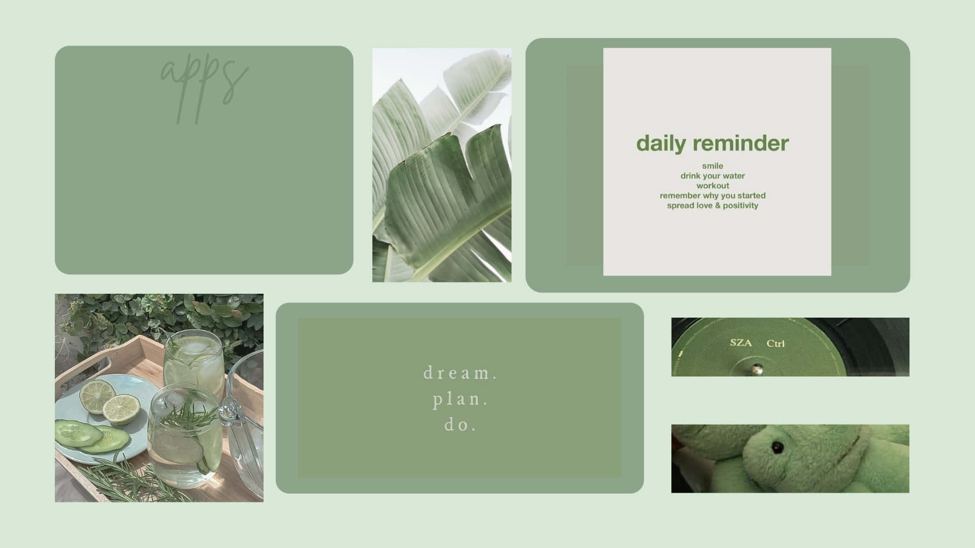 Sage Green Inspiration Collage, soft green, motivational text cards, Full HD Desktop Wallpaper