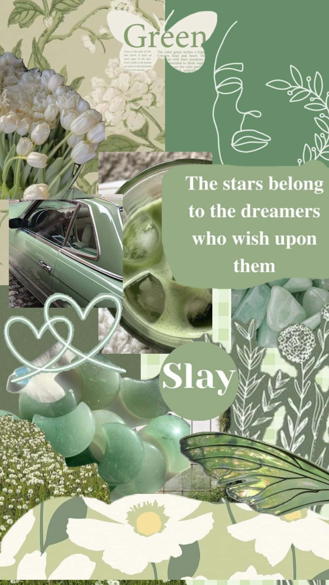 Sage Green Inspiration Collage, flowers, vintage car, Full HD Phone Wallpaper