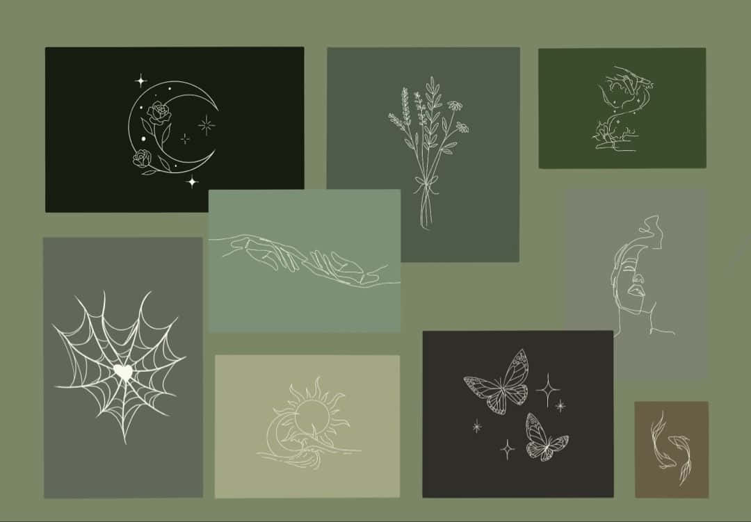 sage green, moon roses, sun butterflies, SD Desktop Wallpaper