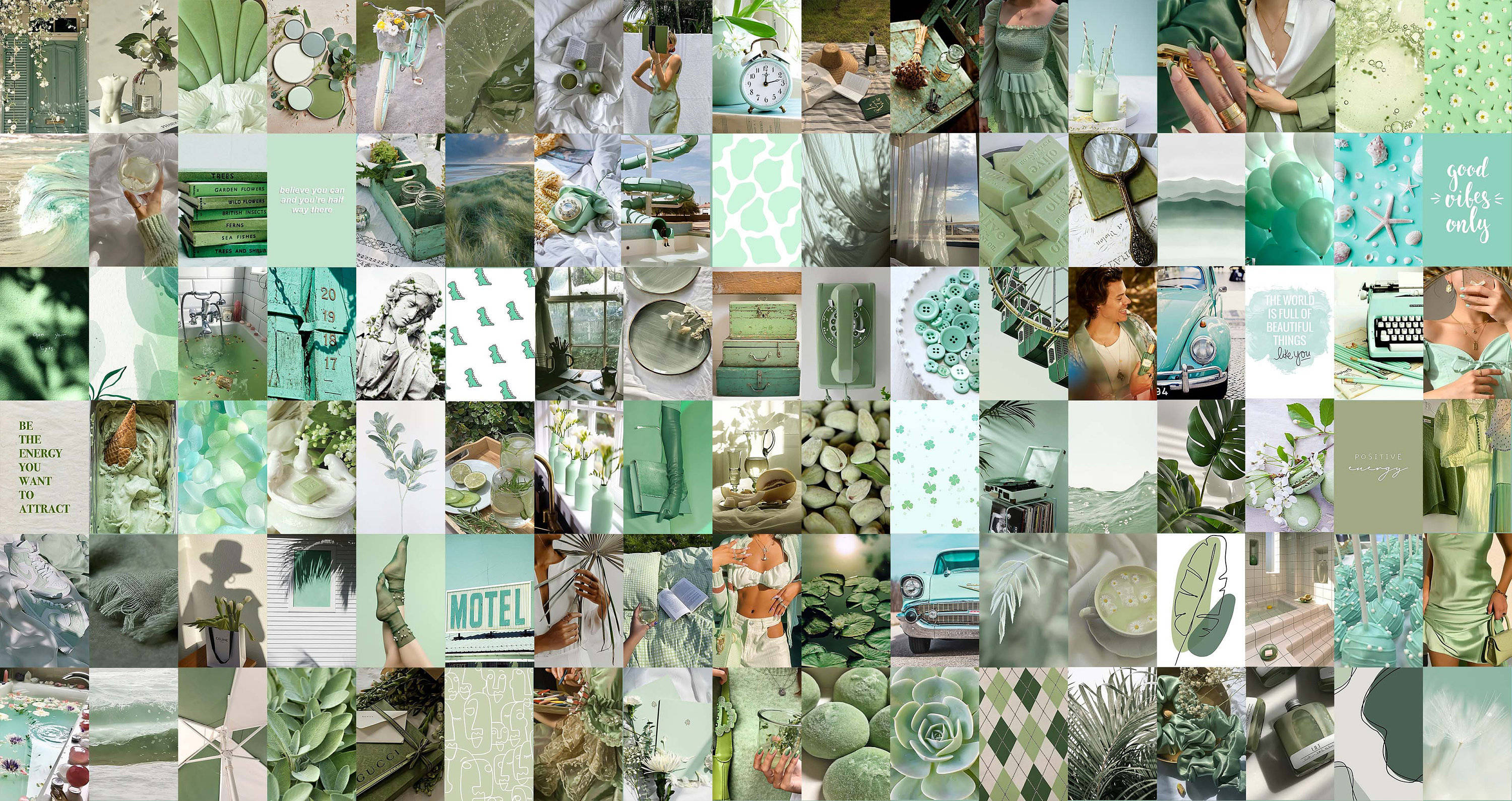 sage green aesthetic collage, mint green, teal, 2K Desktop Wallpaper