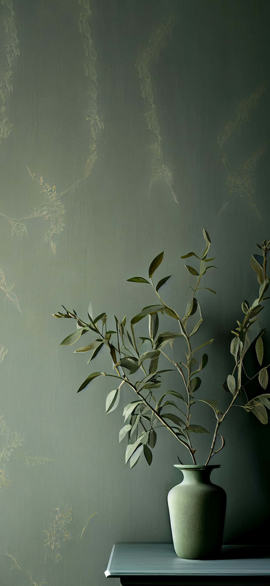 sage green vase, olive branches, muted green wall, Full HD Phone Wallpaper