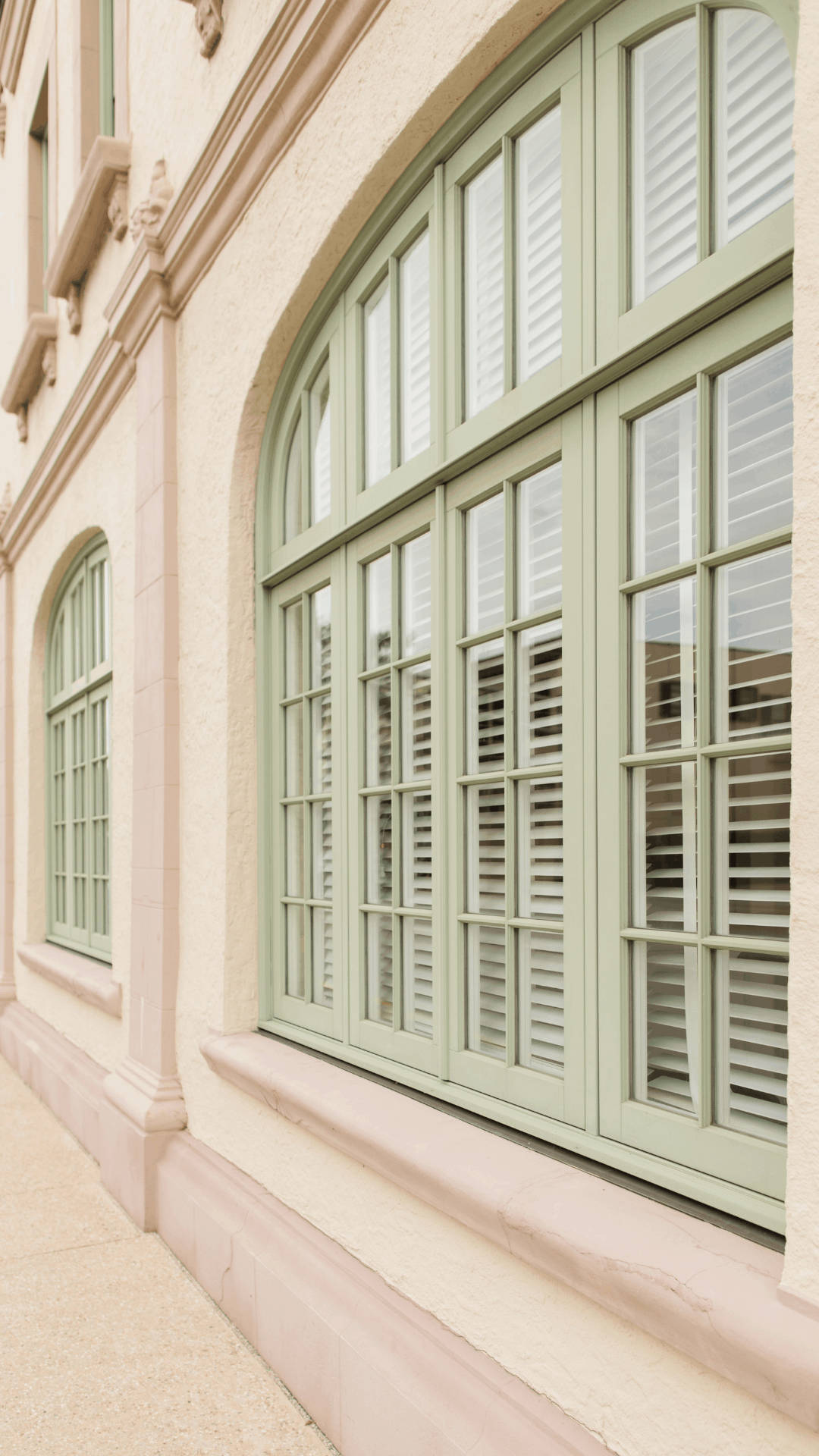 sage green aesthetic window, pastel green arched windows, white shutters, Full HD Phone Wallpaper