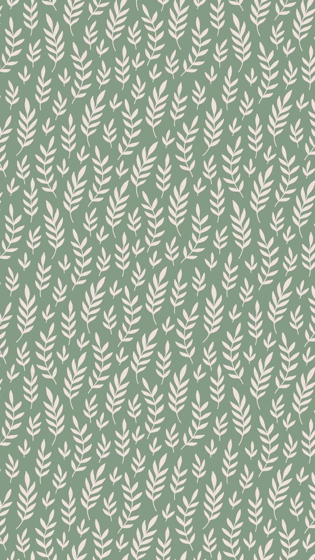 sage green, white stylized leaf motifs, repeating pattern, Full HD Phone Wallpaper