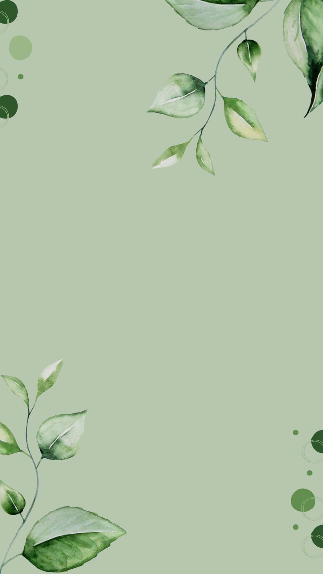 sage green, watercolor leaves, circular accents, Full HD Phone Wallpaper