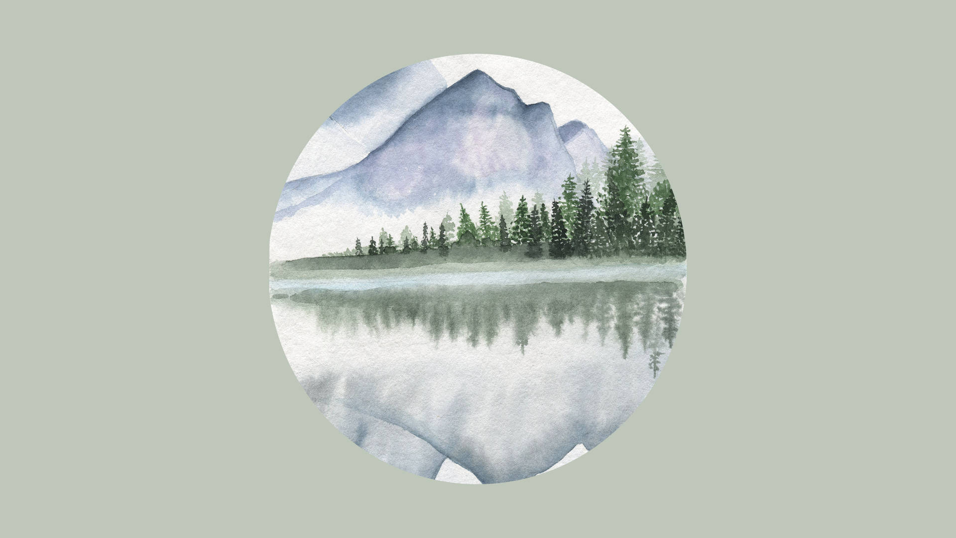 Blue Mountain, Sage Green, watercolor circle, Full HD Desktop Wallpaper