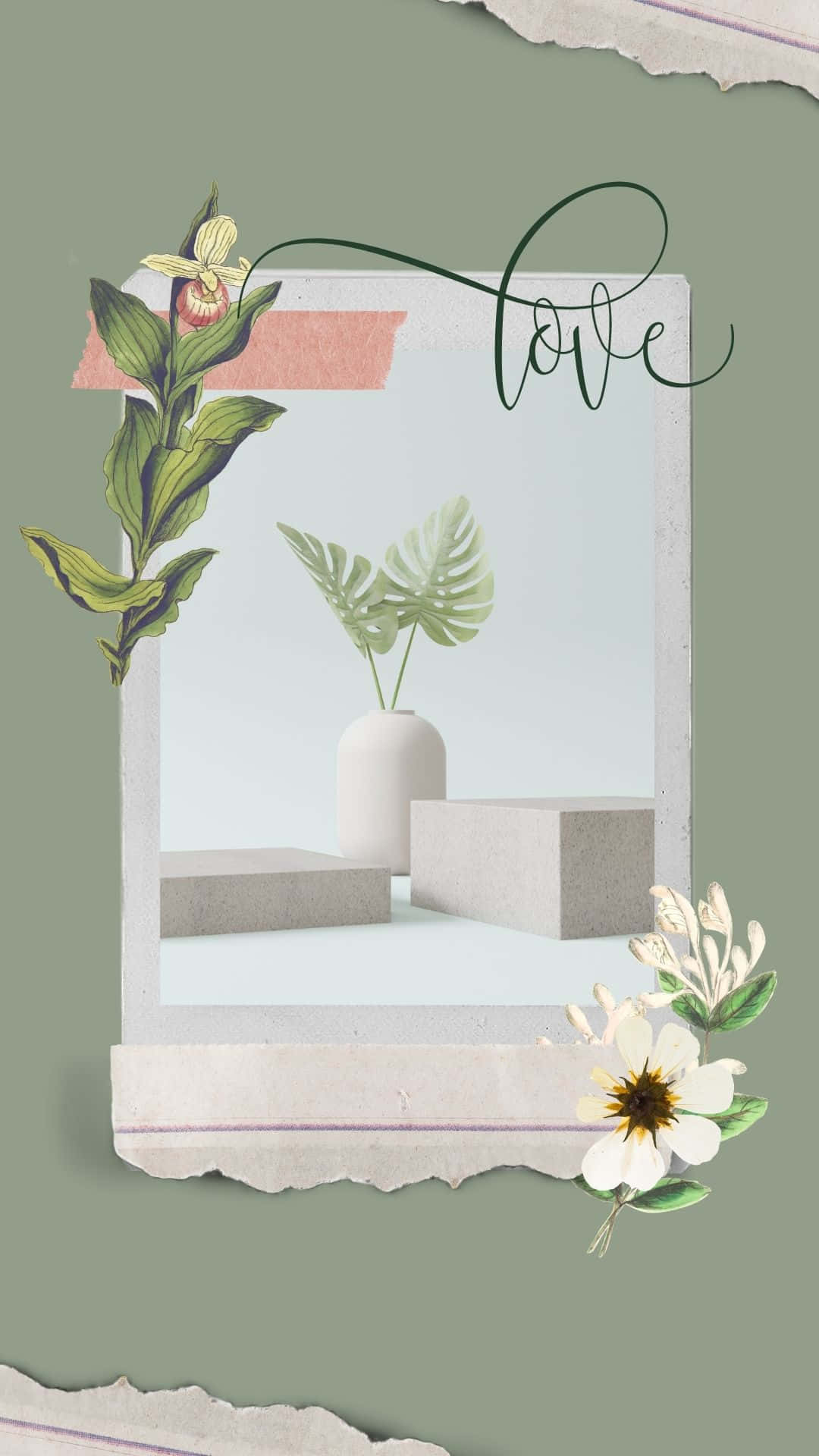 sage green love floral artwork, torn-paper framed collage, white vase, Full HD Phone Wallpaper