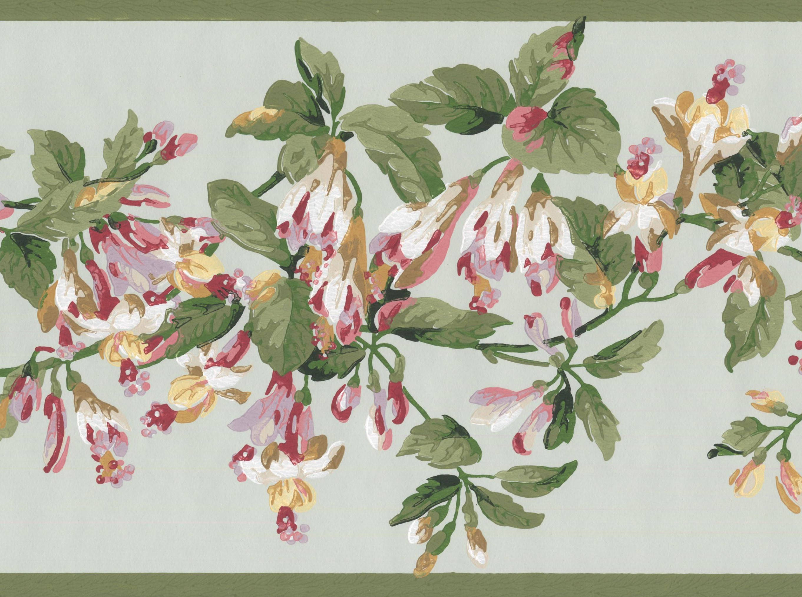 sage green floral, vintage floral wallpaper border, cascading pink white and yellow blossoms, 2K Desktop Wallpaper