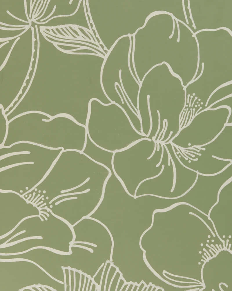 sage green, floral pattern, white line drawings, SD Phone Wallpaper