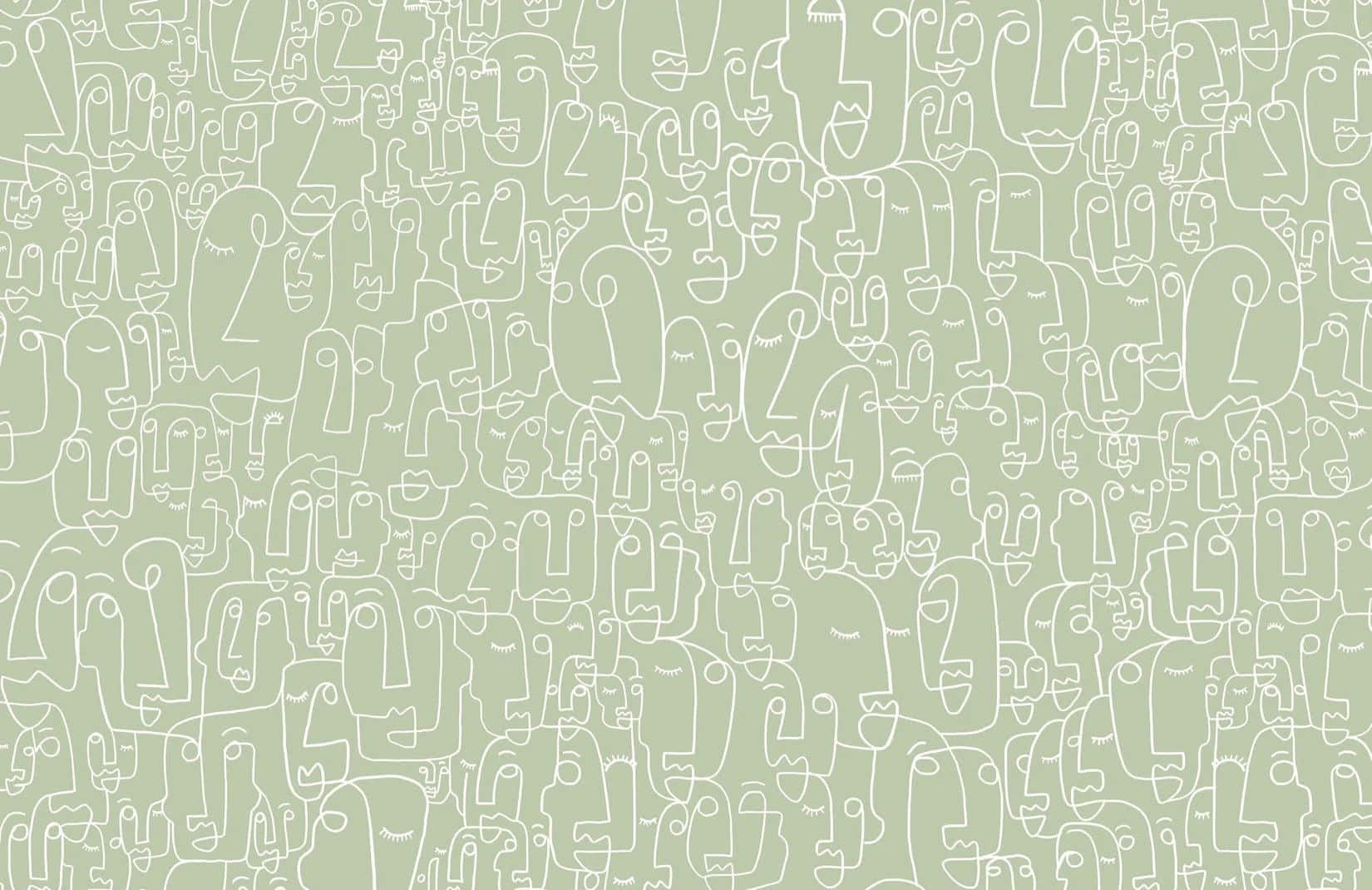 sage green, minimalist background, white line-drawn faces, HD Desktop Wallpaper