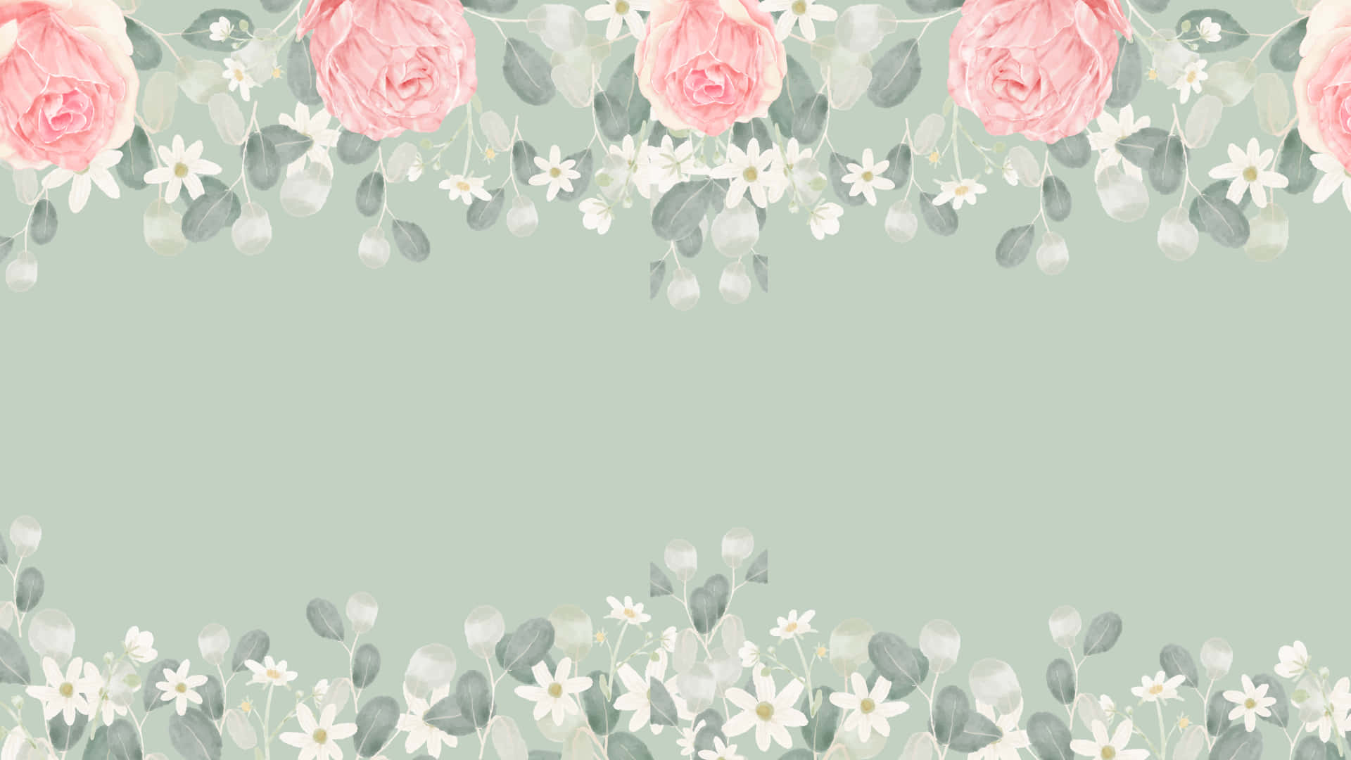 sage green laptop, mint green background, soft pink roses, Full HD Desktop Wallpaper