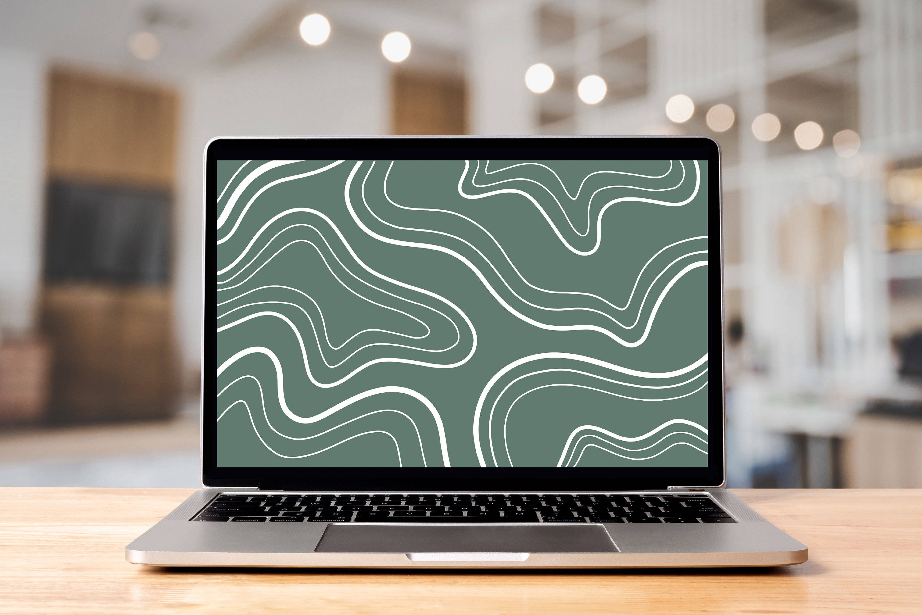 sage green aesthetic laptop, silver laptop, green and white abstract wave pattern, 2K Desktop Wallpaper