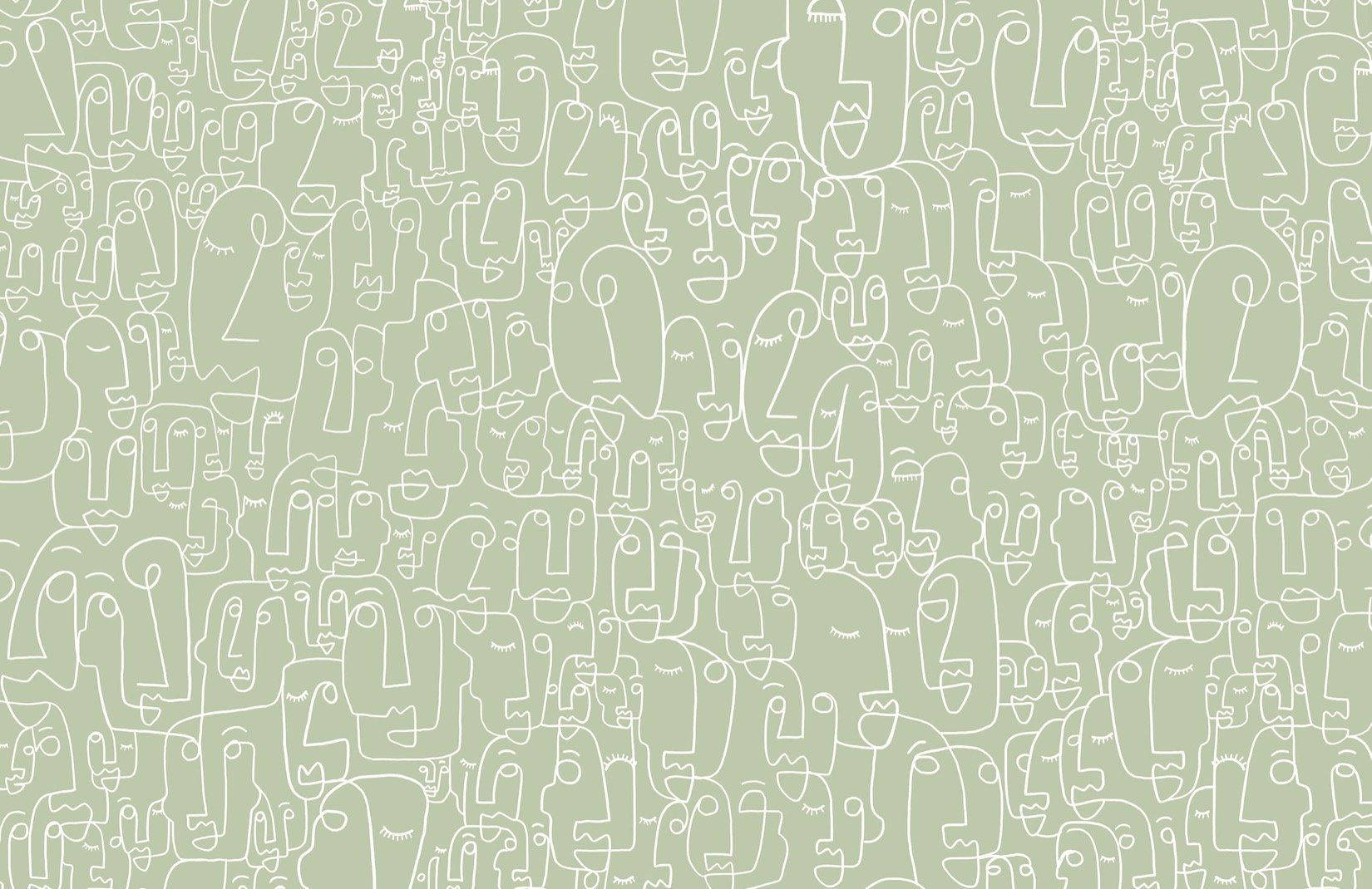 abstract sage green desktop, minimalist white line-drawn faces, various expressions, HD Desktop Wallpaper