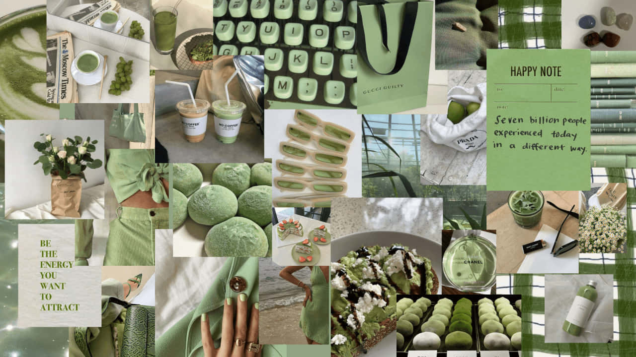 Sage Green laptop, vibrant green-themed collage, matcha drinks, HD Desktop Wallpaper
