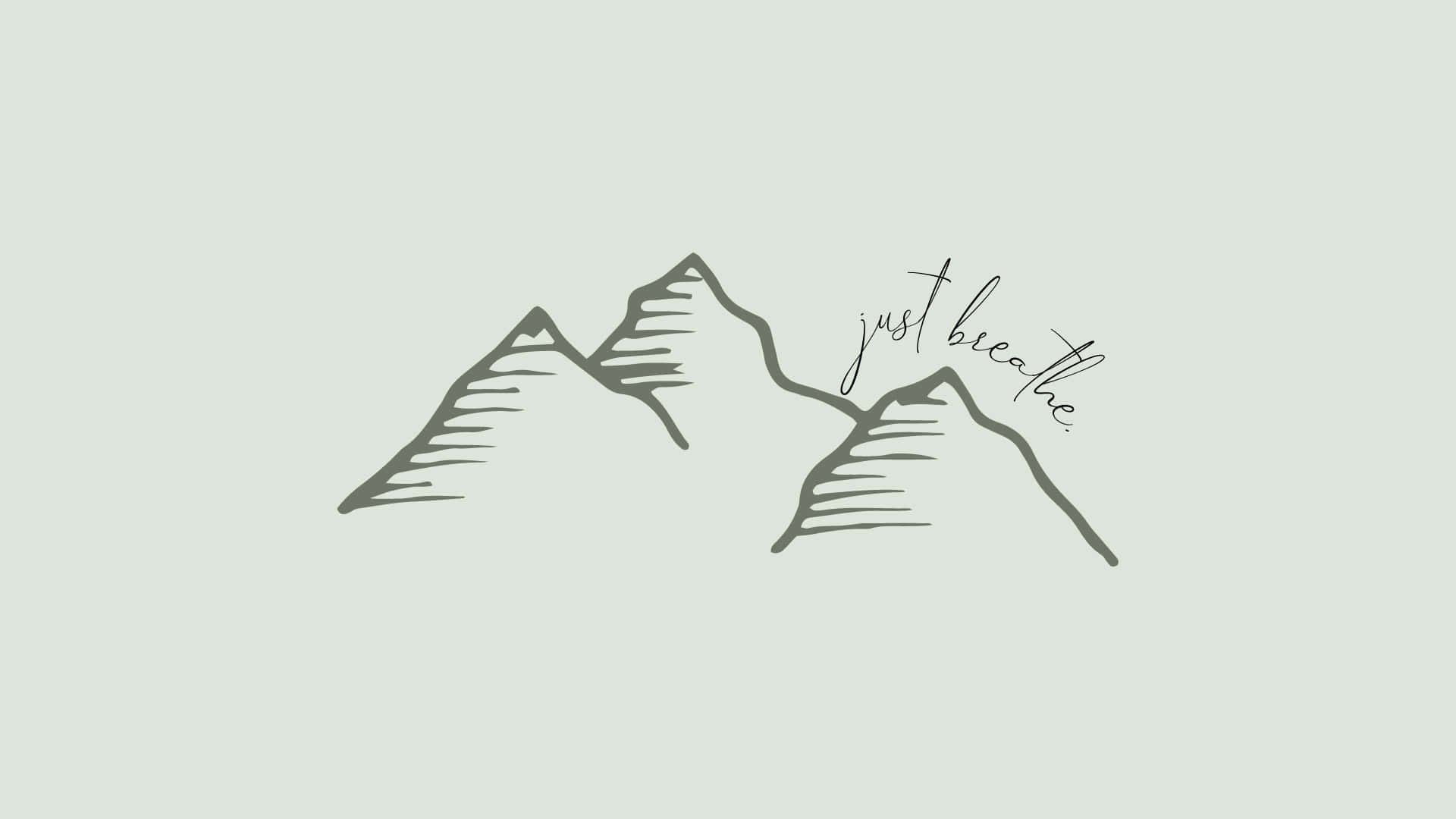 Sage Green Laptop, Wooden Table, Minimalist line-art mountains, Full HD Desktop Wallpaper