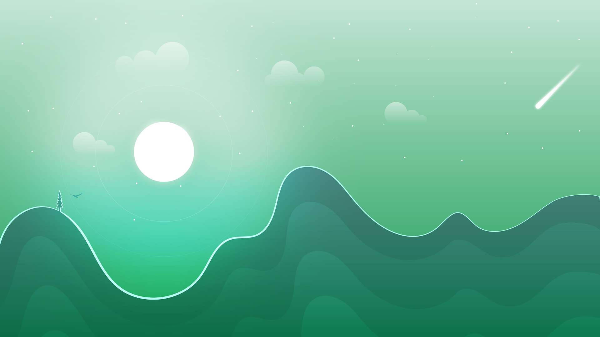pastel green aesthetic laptop, Sun, shooting star, Full HD Desktop Wallpaper