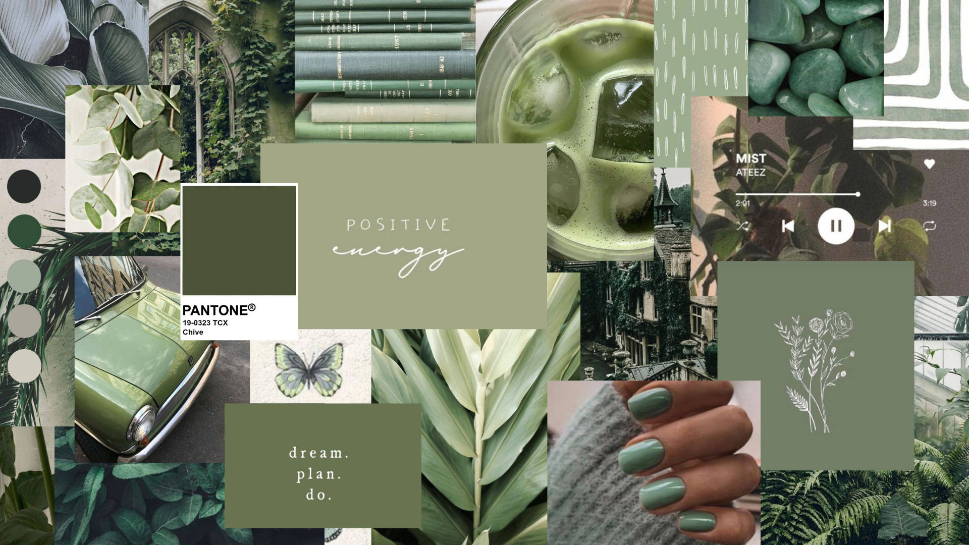 Pastel Green Aesthetic Laptop, Pantone color swatches, foliage, Full HD Desktop Wallpaper