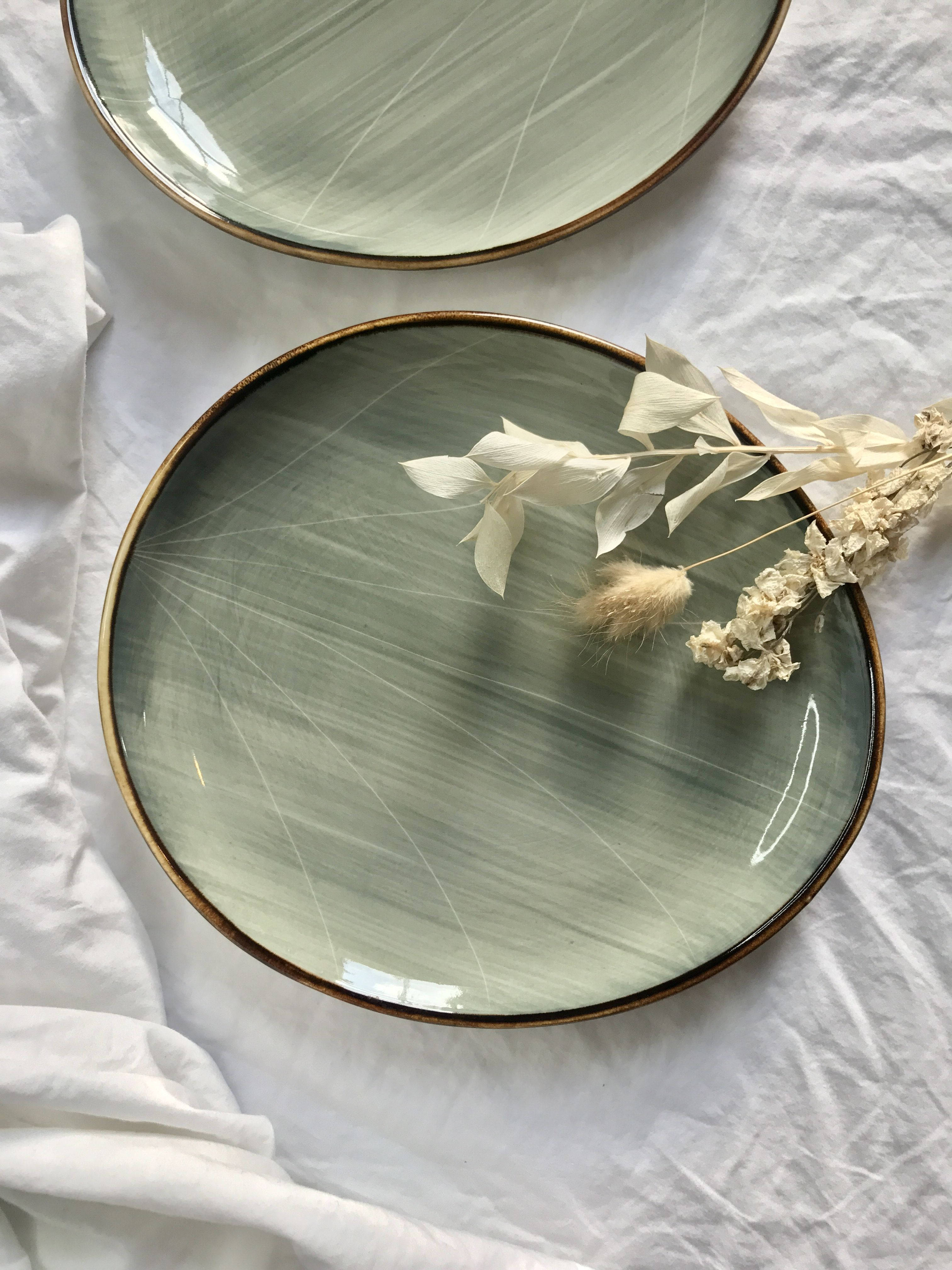 sage green, ceramic plates, gold rims, 4K Phone Wallpaper