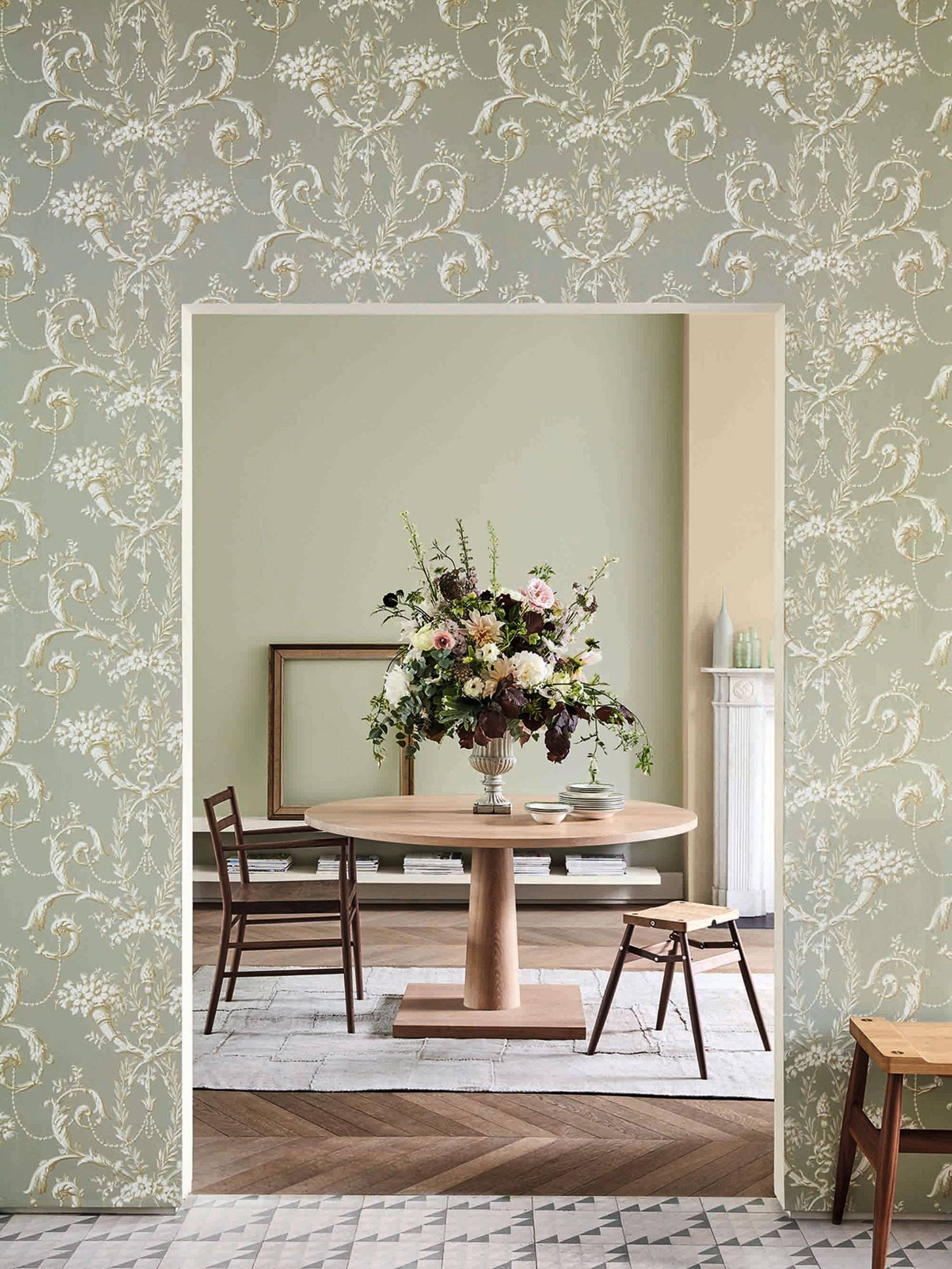 sage green, gold floral motifs, herringbone wood flooring, 2K Phone Wallpaper