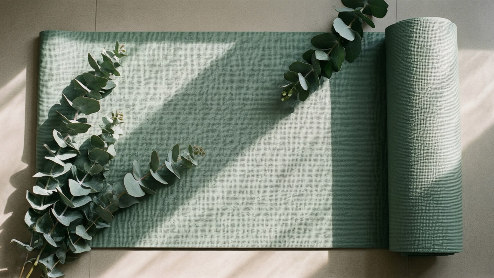 sage green, yoga mat, eucalyptus branches, Full HD Desktop Wallpaper