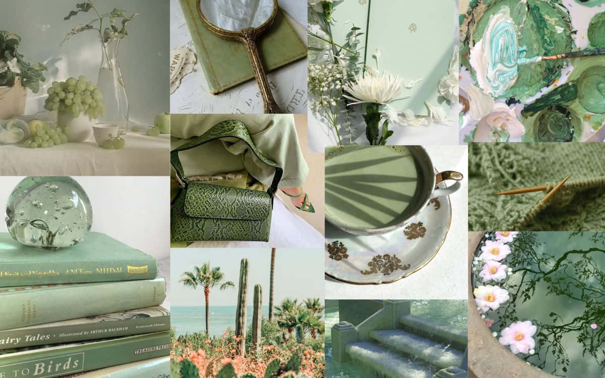 Sage Green, mint green, books, SD Desktop Wallpaper