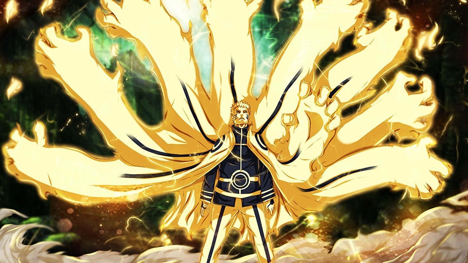 Sage of Six Paths, nine golden tails, dark swirling background, Full HD Desktop Wallpaper