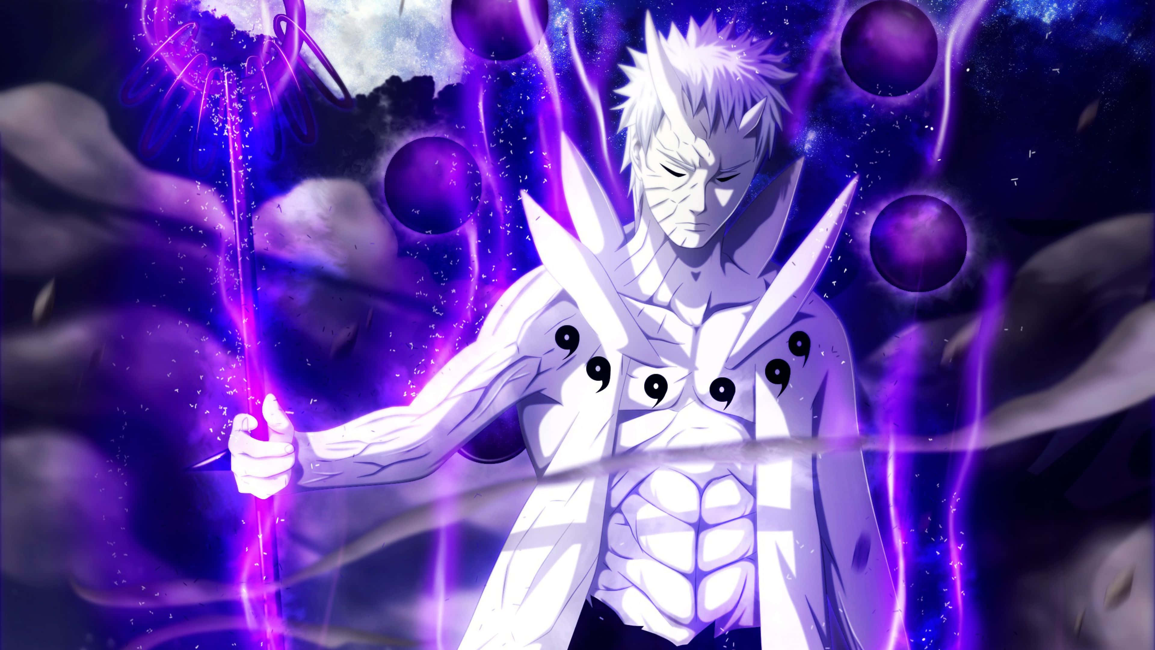 Sage of Six Paths, white-haired anime warrior, purple chakra, 4K Desktop Wallpaper