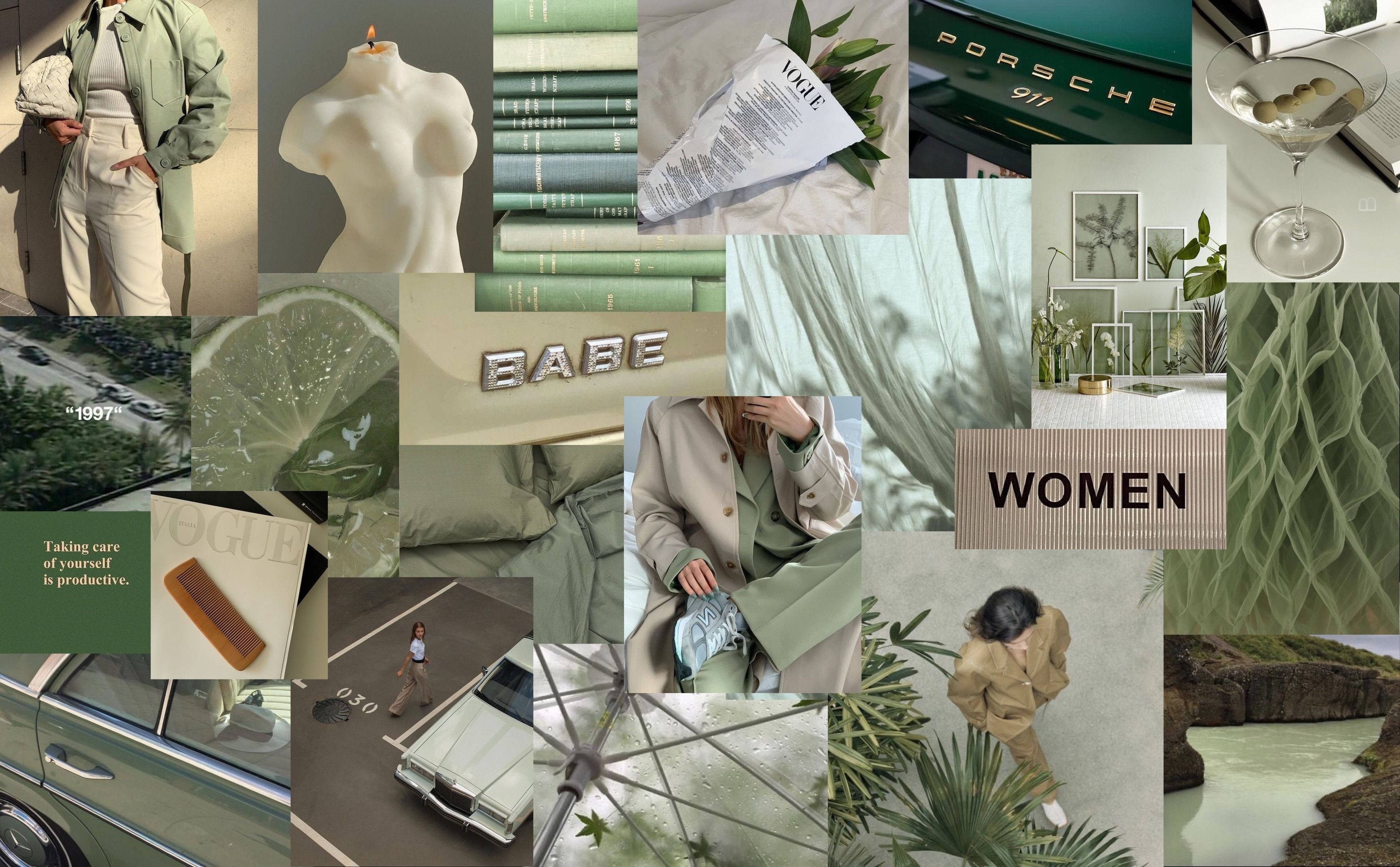 sage green, fashion mannequins, vintage cars, 2K Desktop Wallpaper