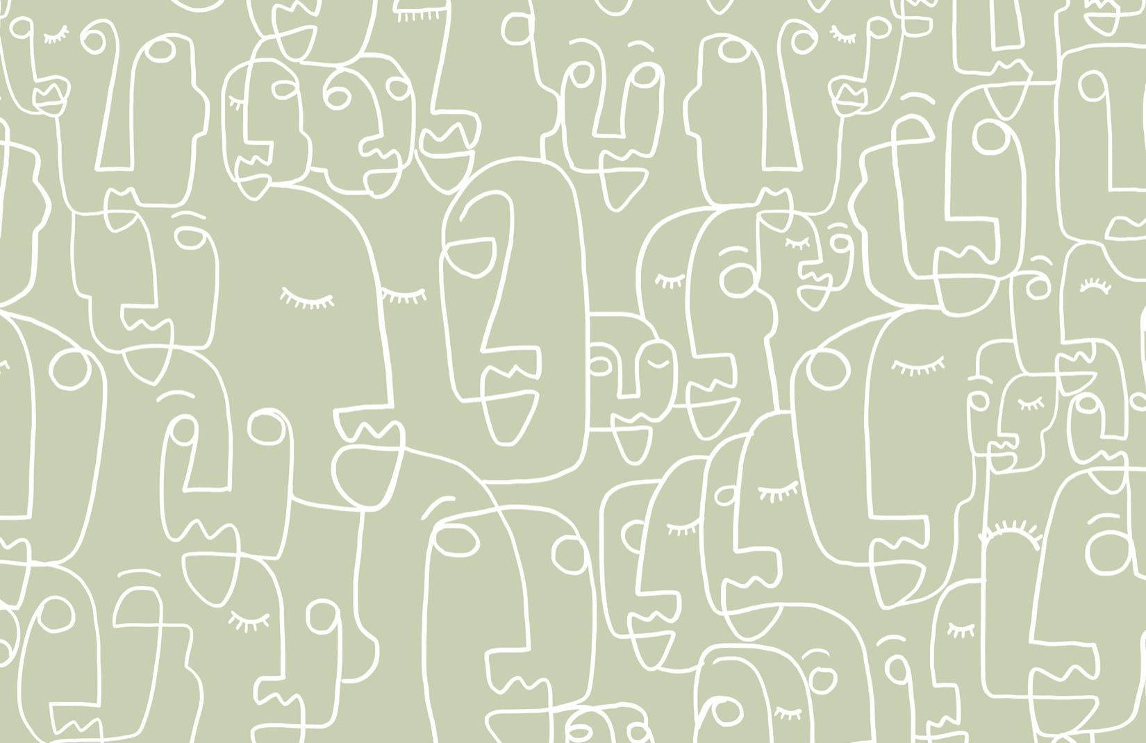 sage green, minimalist white line faces, abstract pattern, HD Desktop Wallpaper
