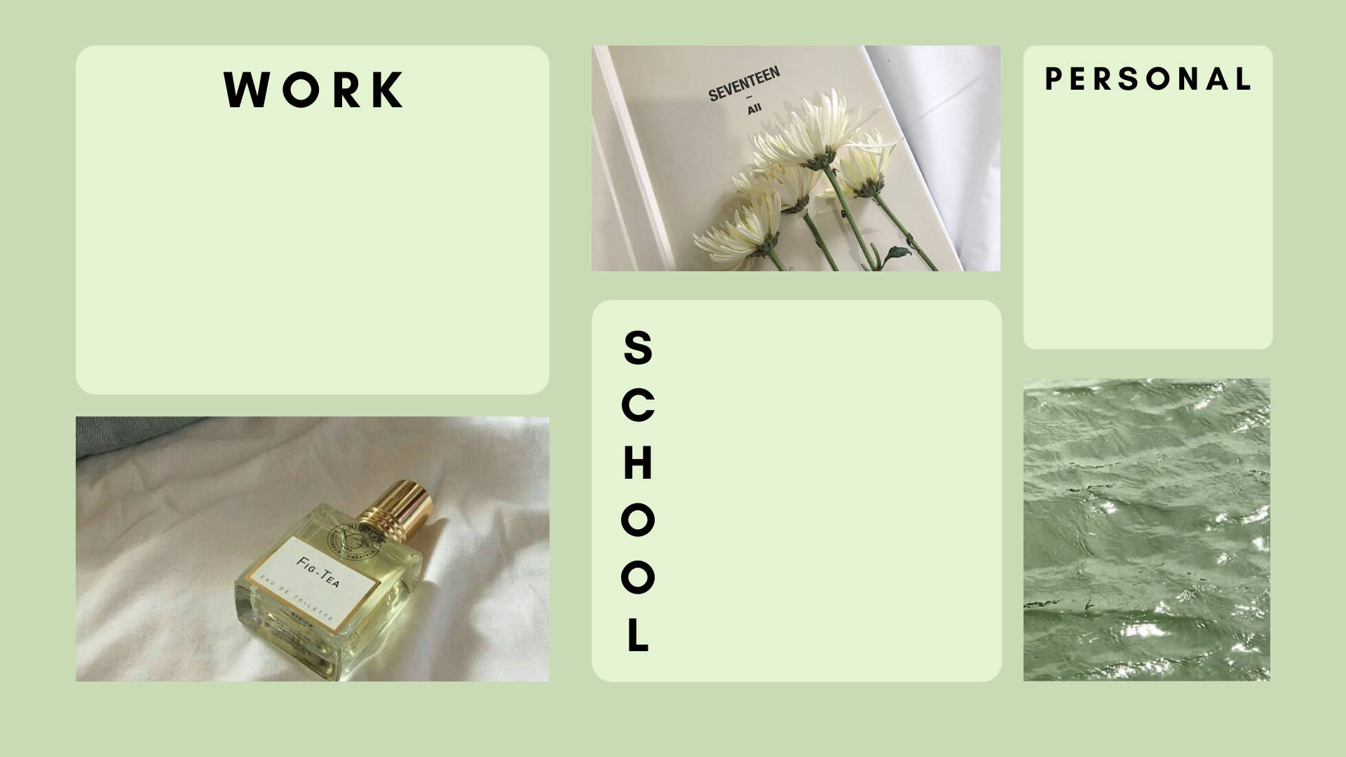 sage green aesthetic notepad, mint green, labeled sections for work school personal, Full HD Desktop Wallpaper