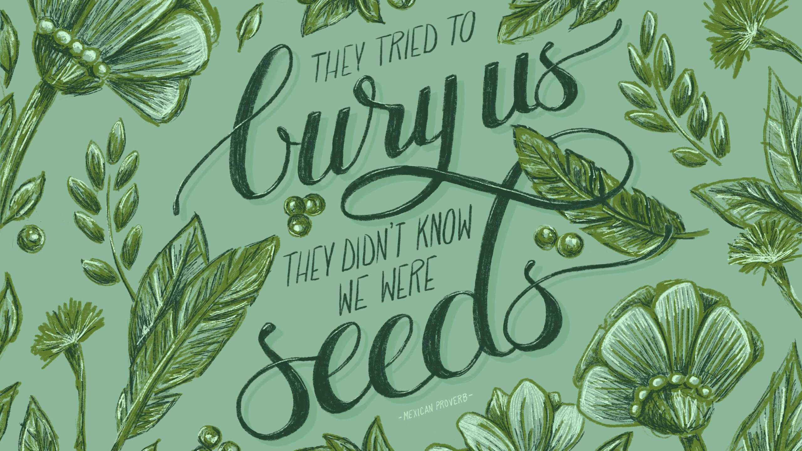 sage green aesthetic seeds, floral elements, They tried to bury us they didn't know we were seeds, 2K Desktop Wallpaper