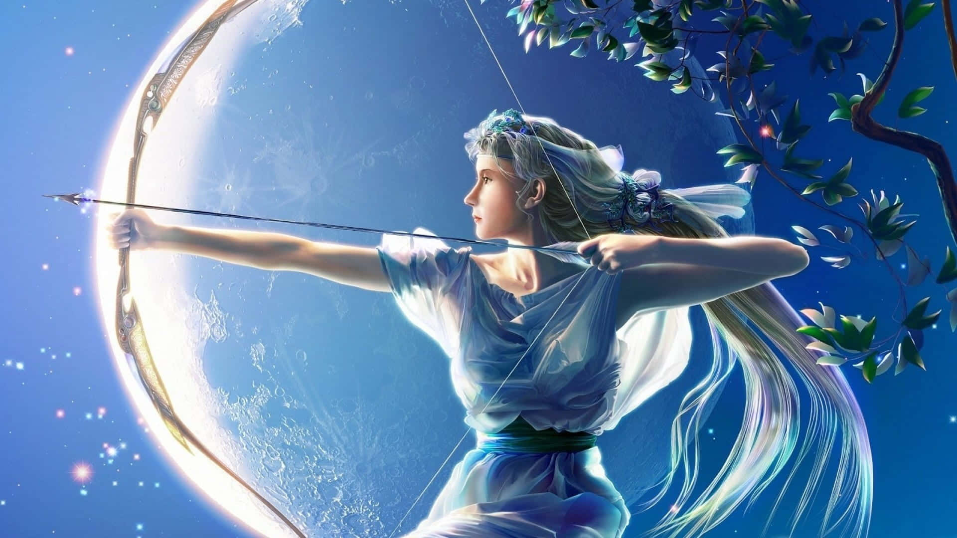Sagittarius, archer goddess, glowing bow, Full HD Desktop Wallpaper