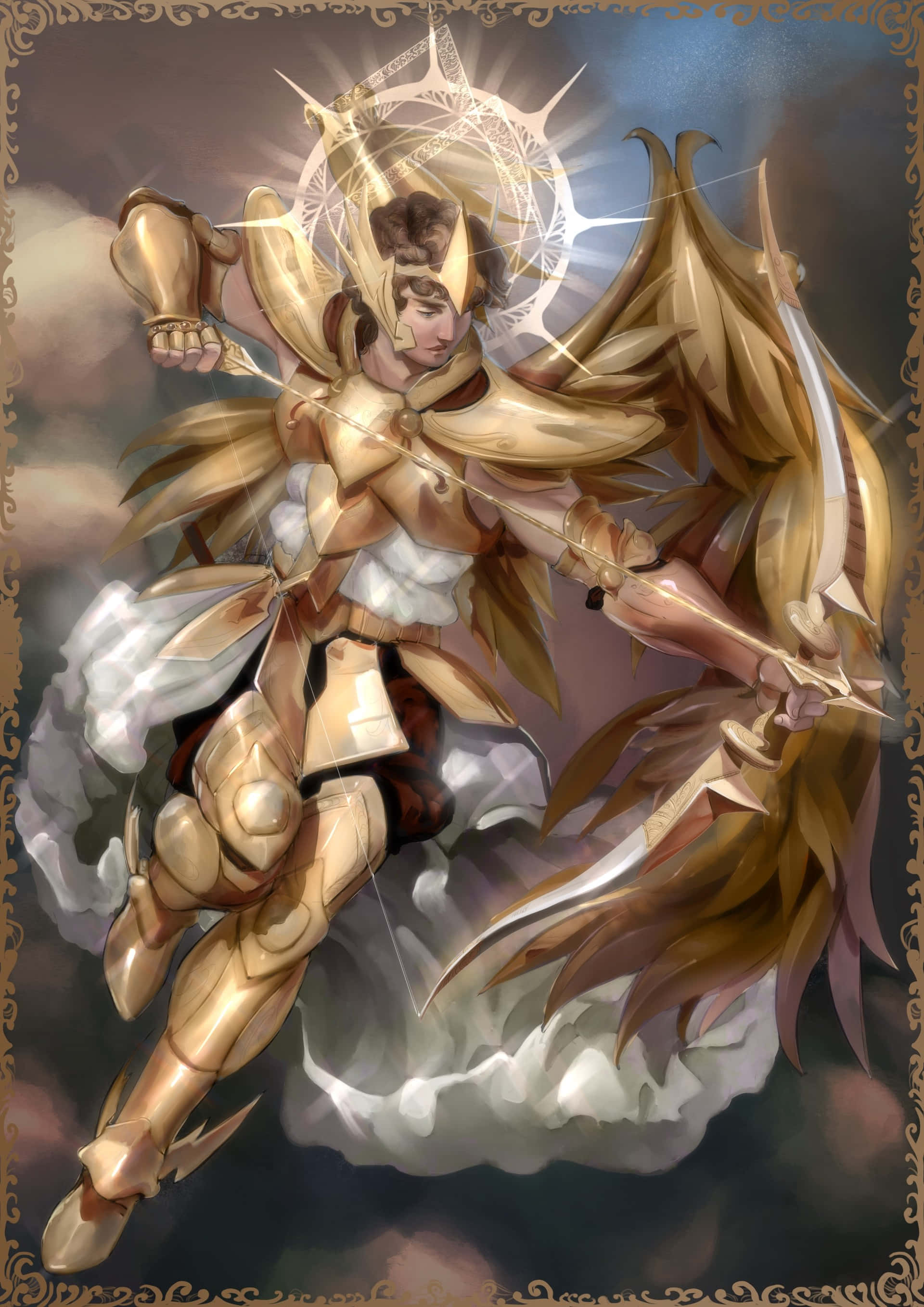 Sagittarius Aiolos, golden-armored angel, feathered wings, 2K Phone Wallpaper