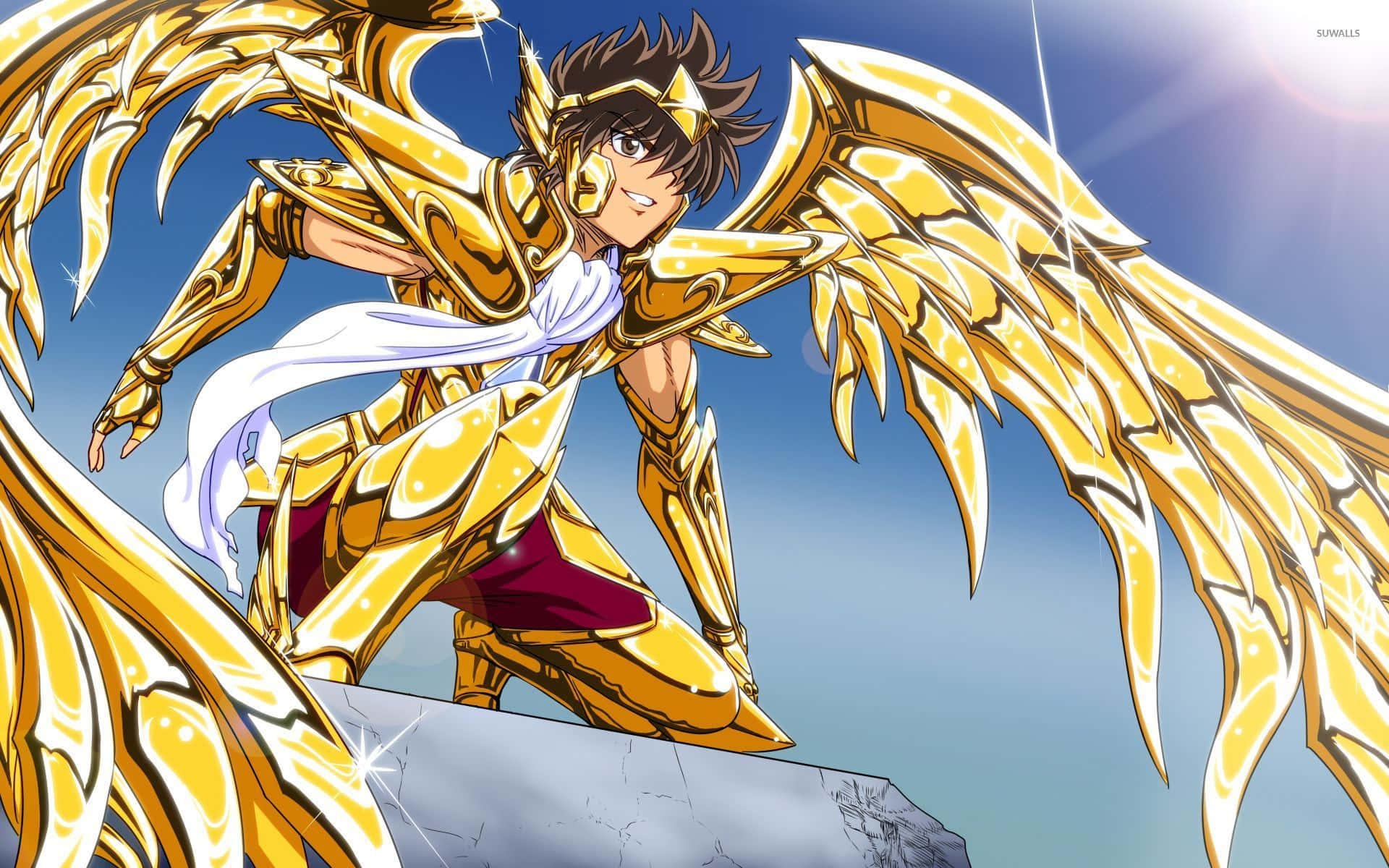 Sagittarius Aiolos, golden-winged anime warrior, ornate armor, Full HD Desktop Wallpaper