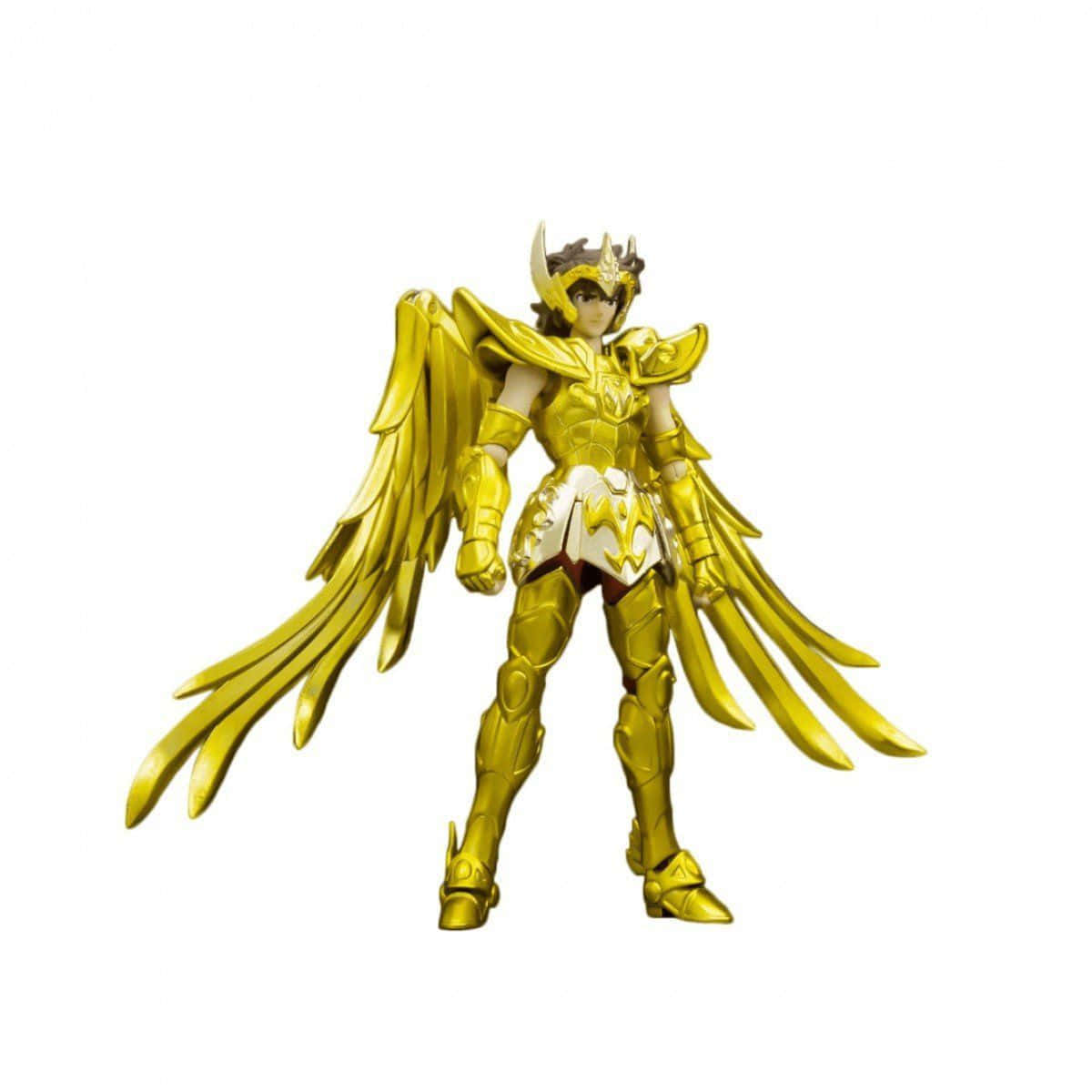 Sagittarius Aiolos, golden armored action figure, large wing-like shoulder pieces, SD Desktop Wallpaper