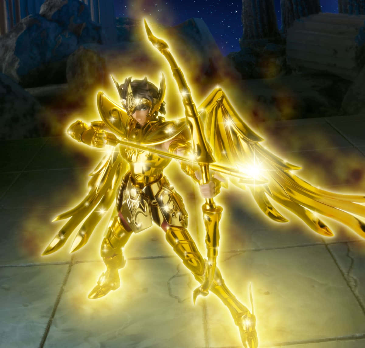 Sagittarius Aiolos, golden-armored warrior, glowing wings, SD Desktop Wallpaper