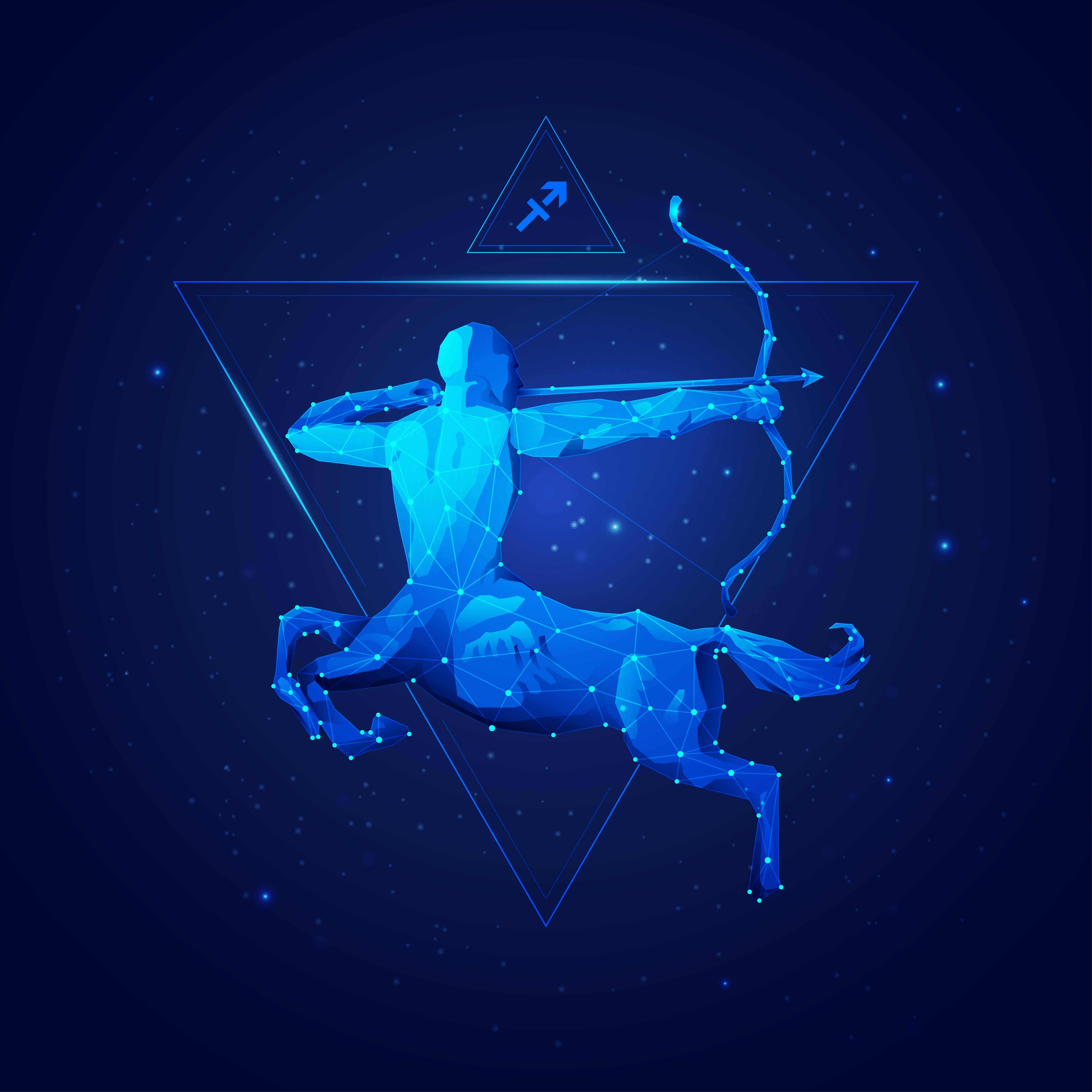 Sagittarius Zodiac, blue archer, glowing blue low-poly, 5K Desktop Wallpaper