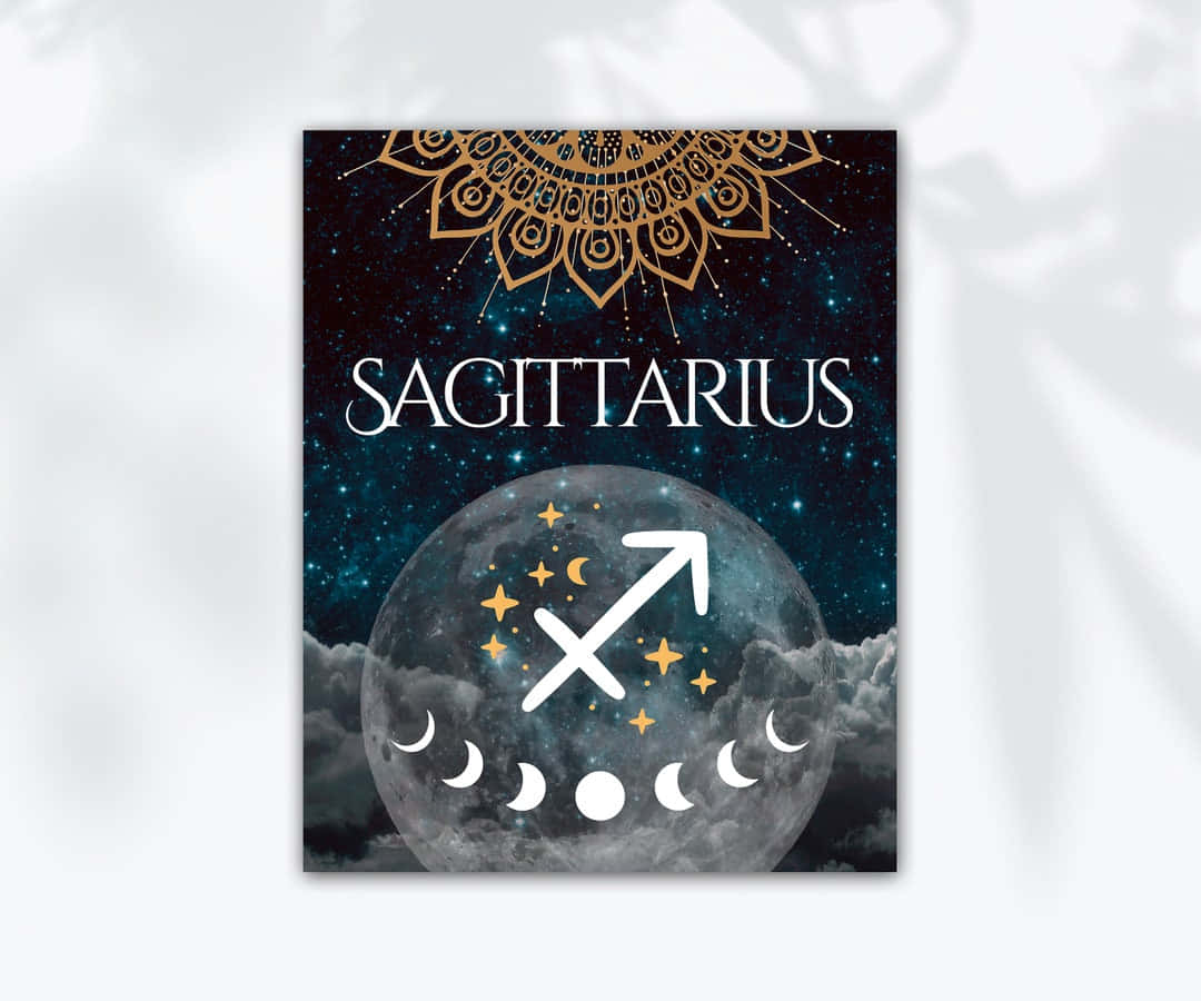 Sagittarius zodiac, golden mandala moon phases, stars, SD Desktop Wallpaper