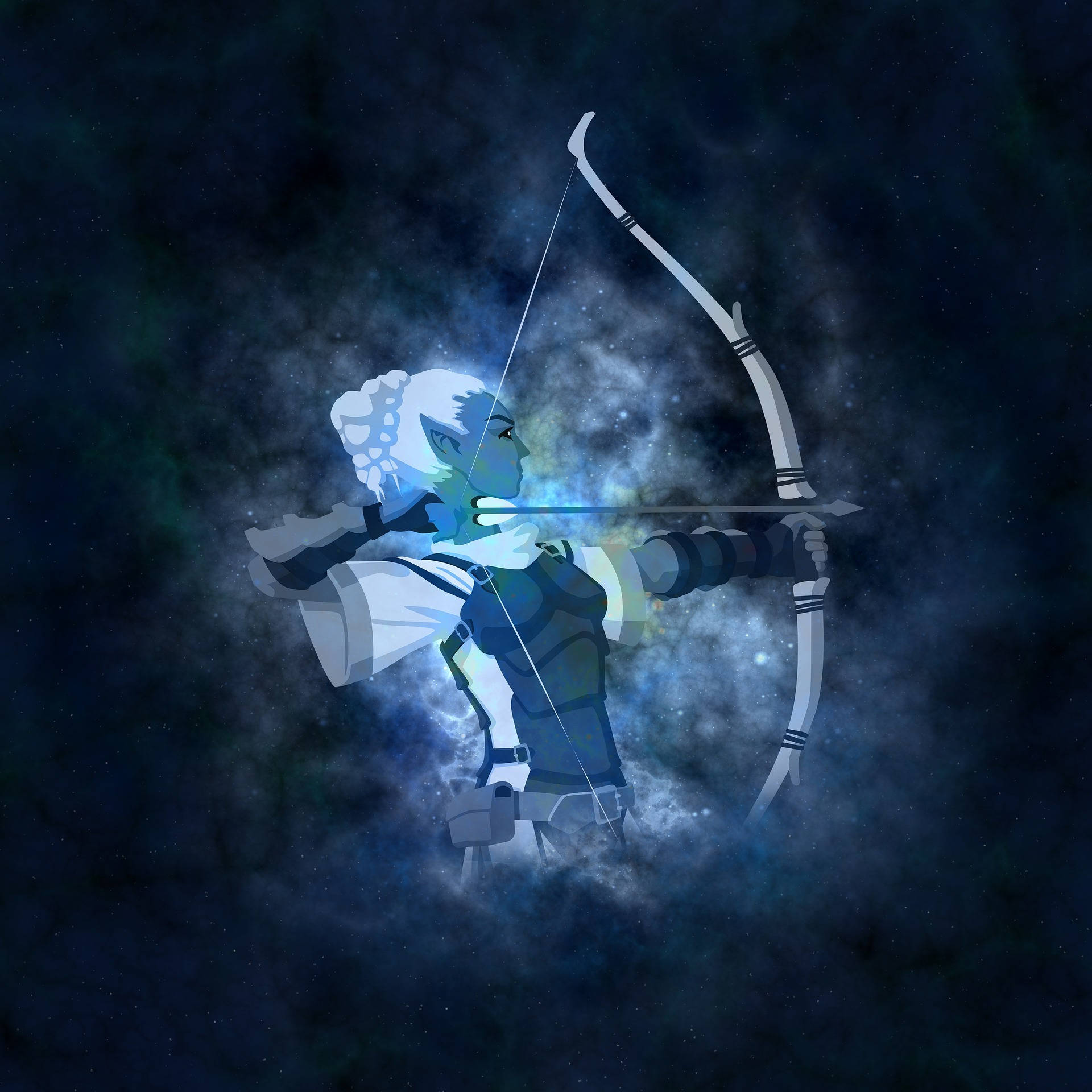 Sagittarius, zodiac woman warrior, blue-skinned elf archer, Full HD Desktop Wallpaper
