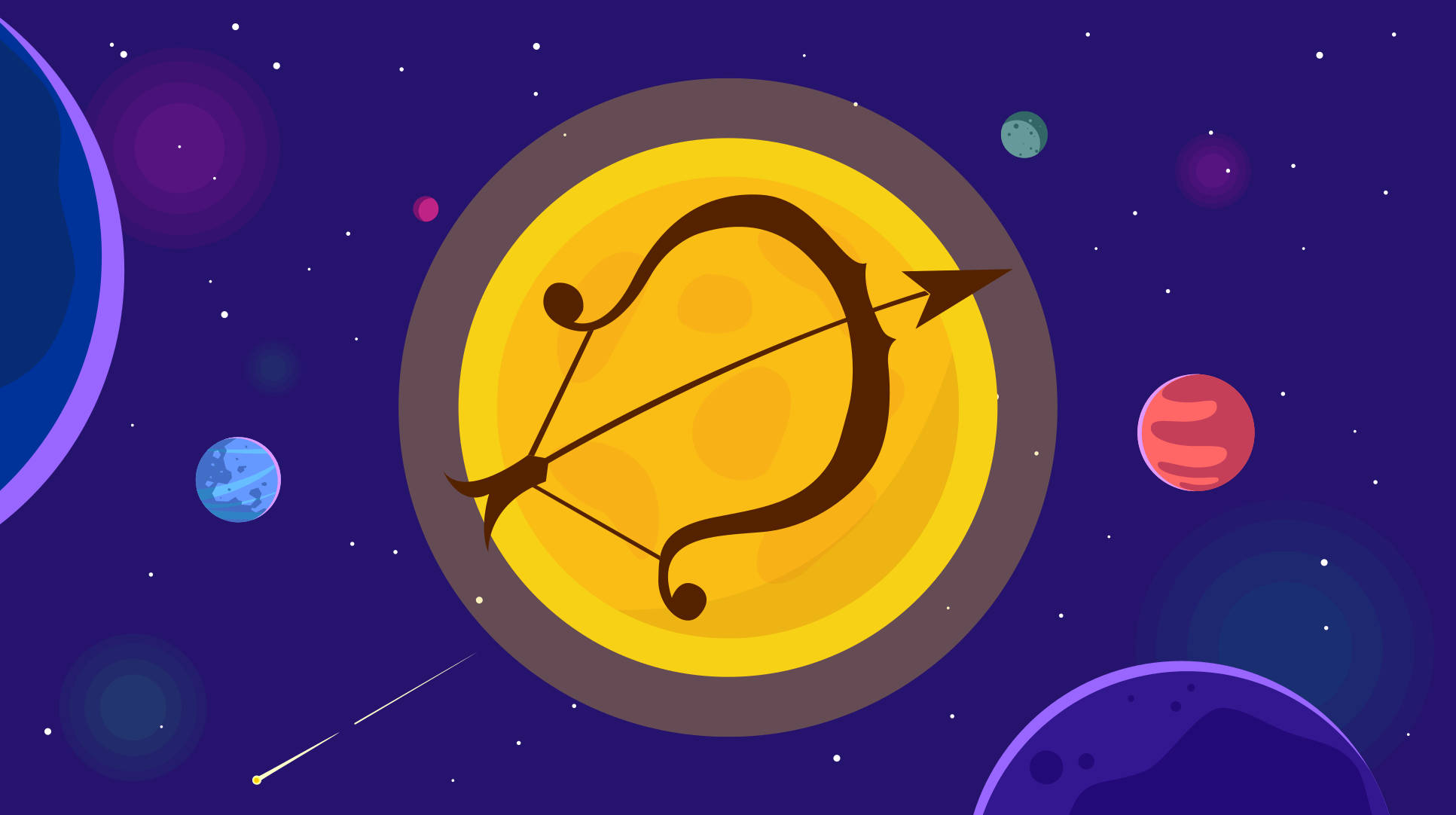 Sagittarius, zodiac symbol, yellow circle, Full HD Desktop Wallpaper